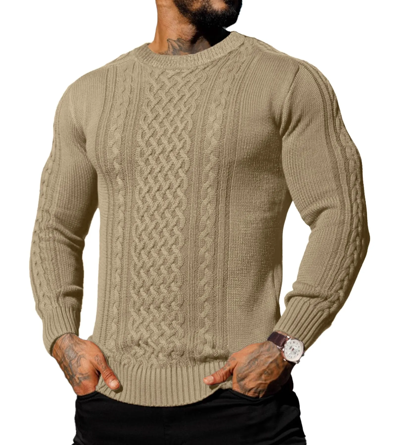 Askdeer Men's Fisherman Cable Crewneck Sweater Winter Casual Sweater for Men Knitted Pullover Sweaters with Ribbing Edge