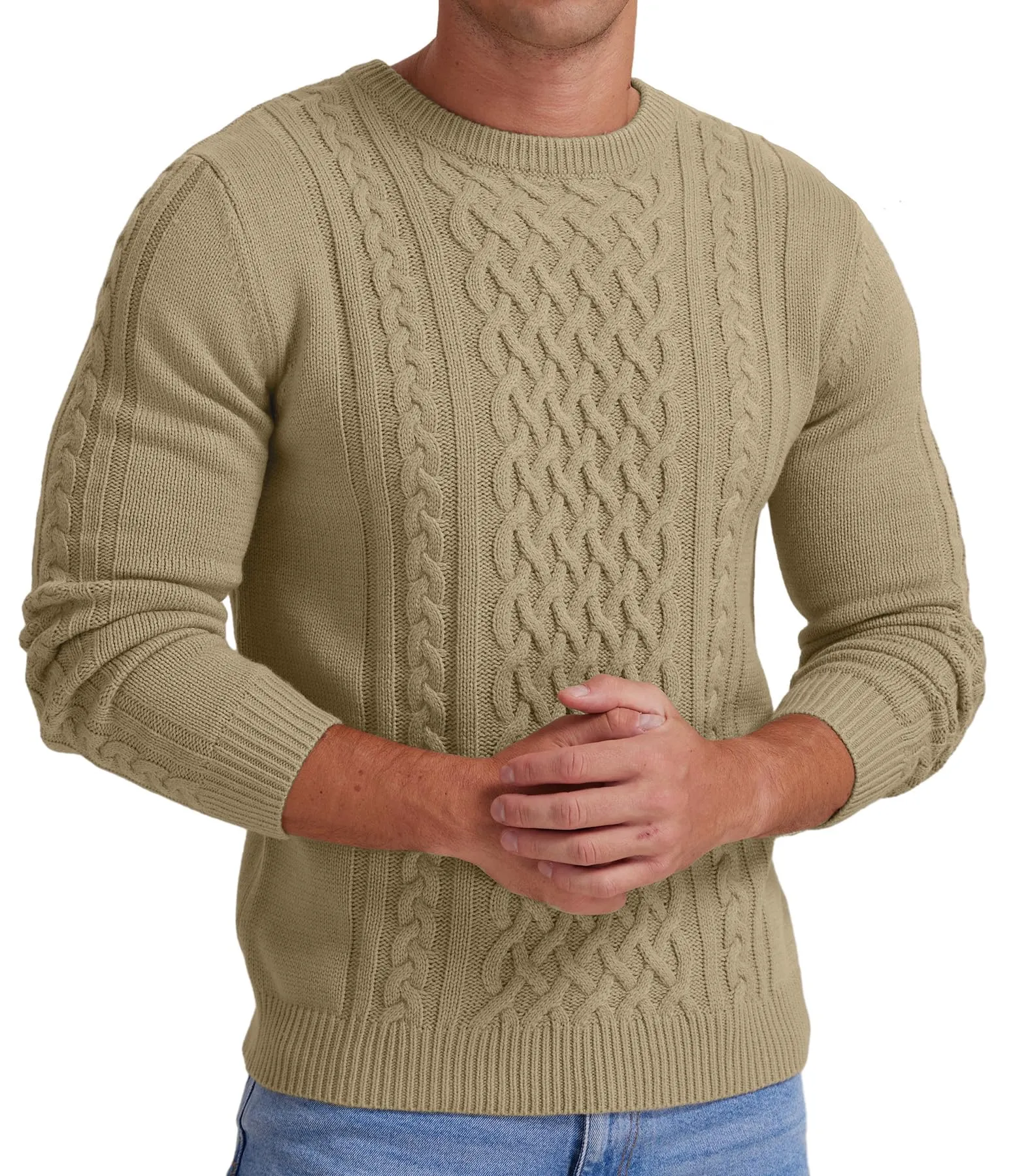 Askdeer Men's Fisherman Cable Crewneck Sweater Winter Casual Sweater for Men Knitted Pullover Sweaters with Ribbing Edge