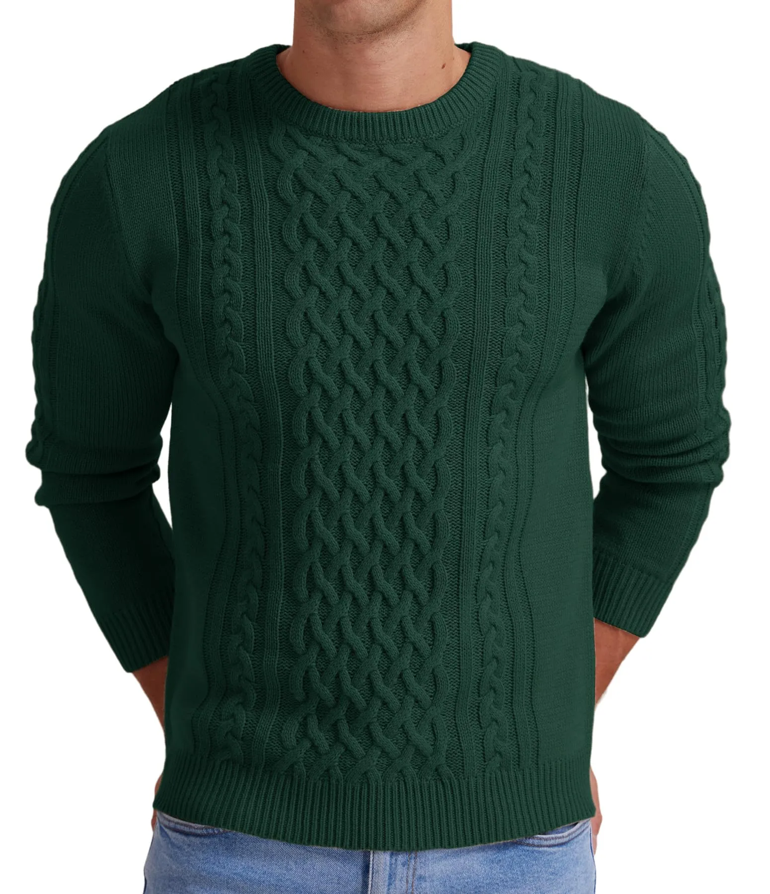 Askdeer Men's Fisherman Cable Crewneck Sweater Winter Casual Sweater for Men Knitted Pullover Sweaters with Ribbing Edge