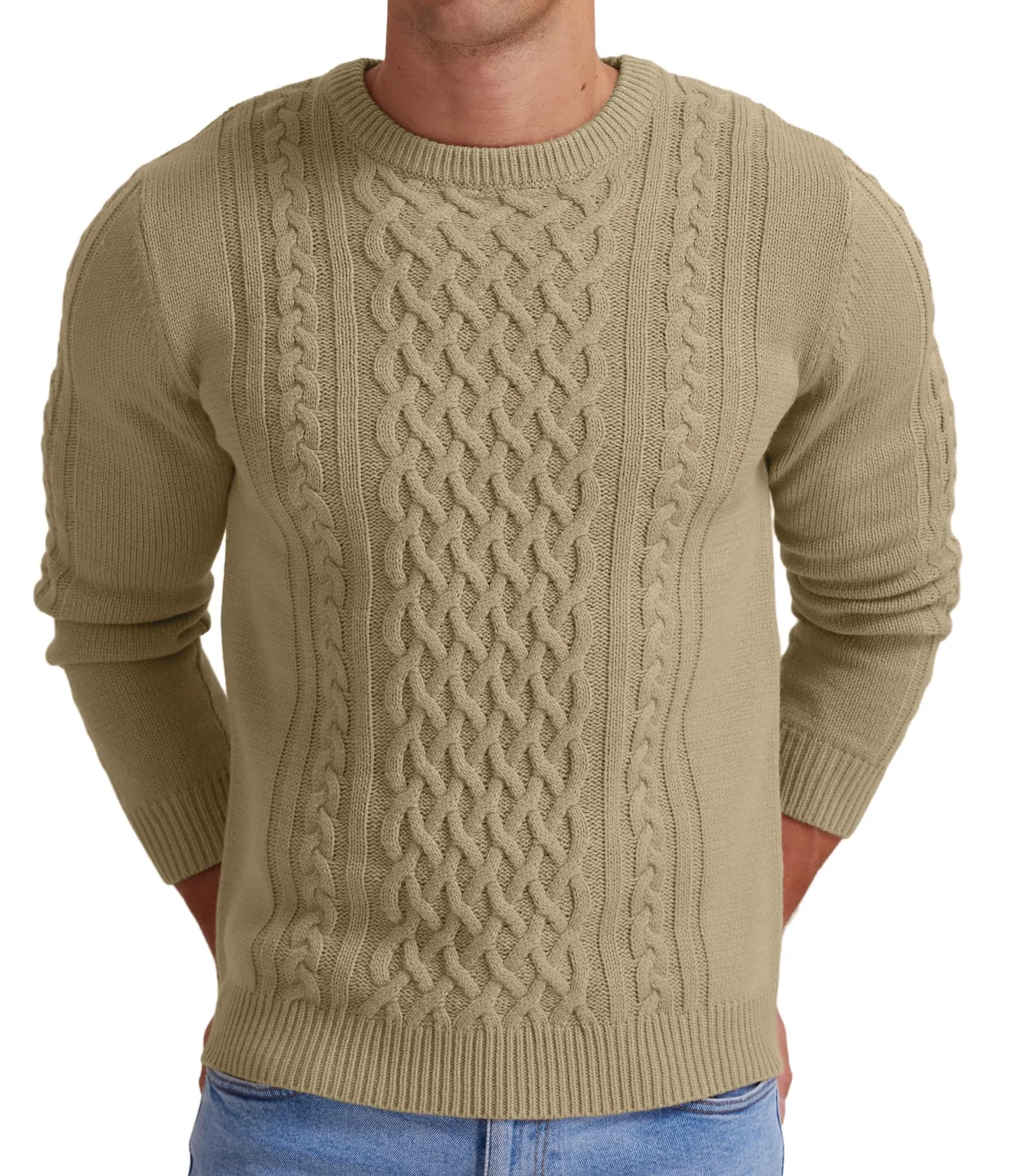Askdeer Men's Fisherman Cable Crewneck Sweater Winter Casual Sweater for Men Knitted Pullover Sweaters with Ribbing Edge