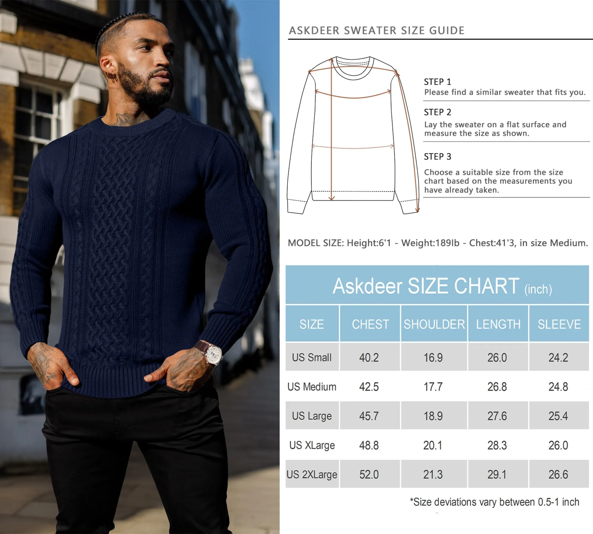 Askdeer Men's Fisherman Cable Crewneck Sweater Winter Casual Sweater for Men Knitted Pullover Sweaters with Ribbing Edge
