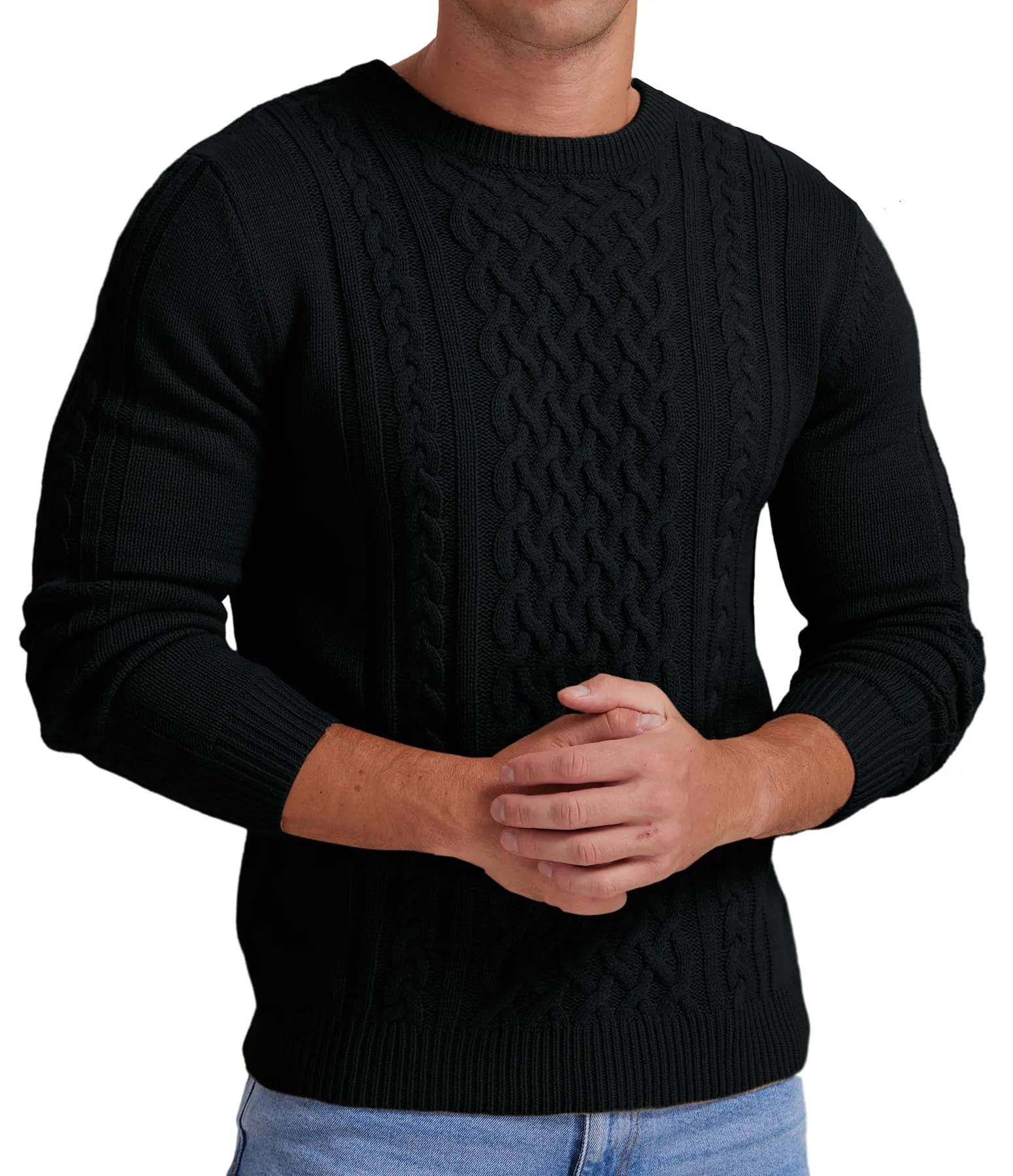 Askdeer Men's Fisherman Cable Crewneck Sweater Winter Casual Sweater for Men Knitted Pullover Sweaters with Ribbing Edge