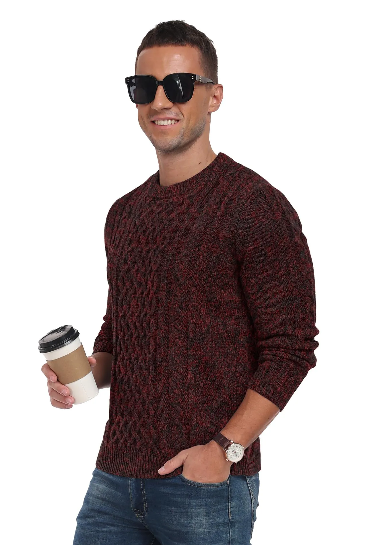 Askdeer Men's Fisherman Cable Crewneck Sweater Winter Casual Sweater for Men Knitted Pullover Sweaters with Ribbing Edge