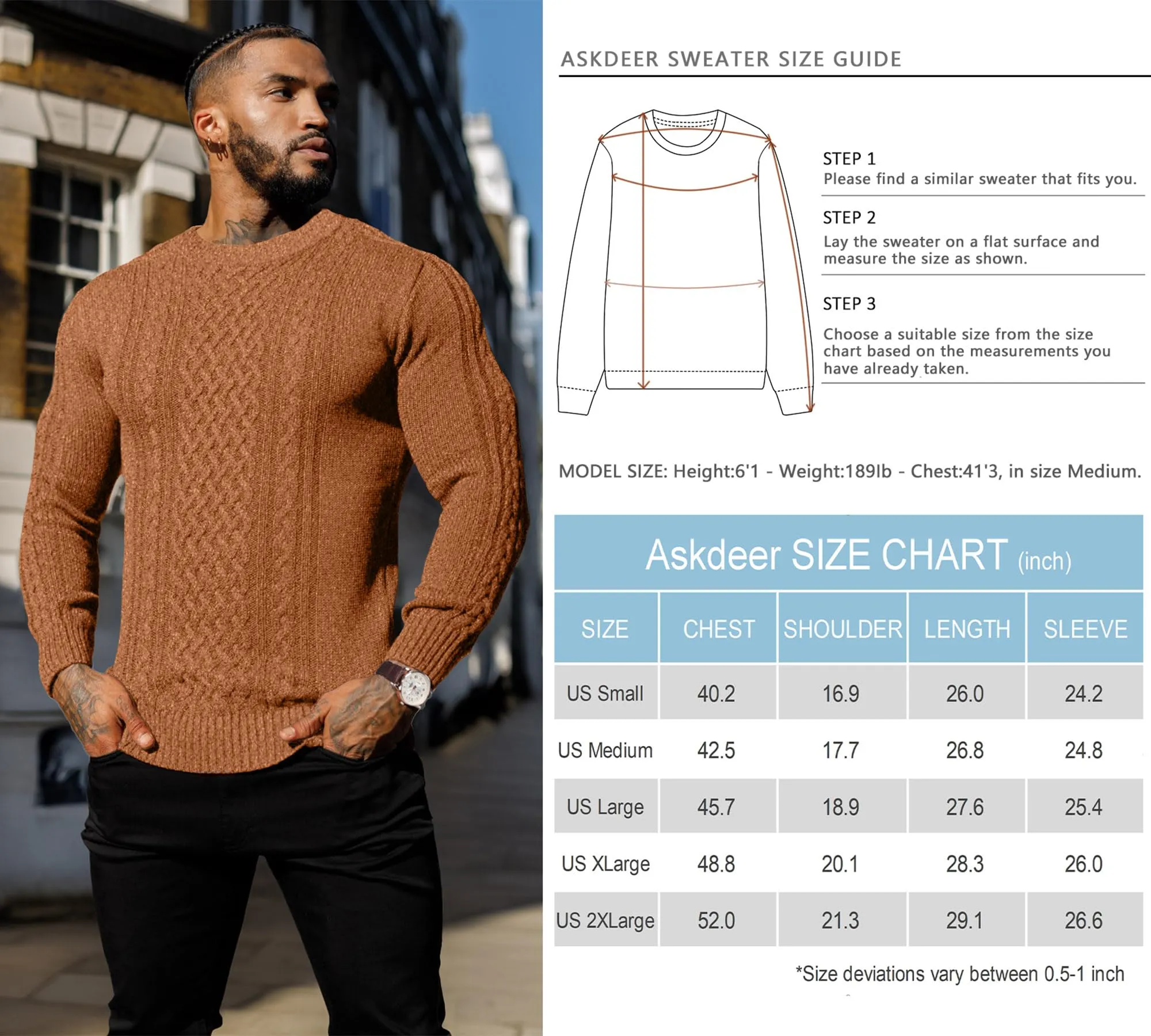 Askdeer Men's Fisherman Cable Crewneck Sweater Winter Casual Sweater for Men Knitted Pullover Sweaters with Ribbing Edge