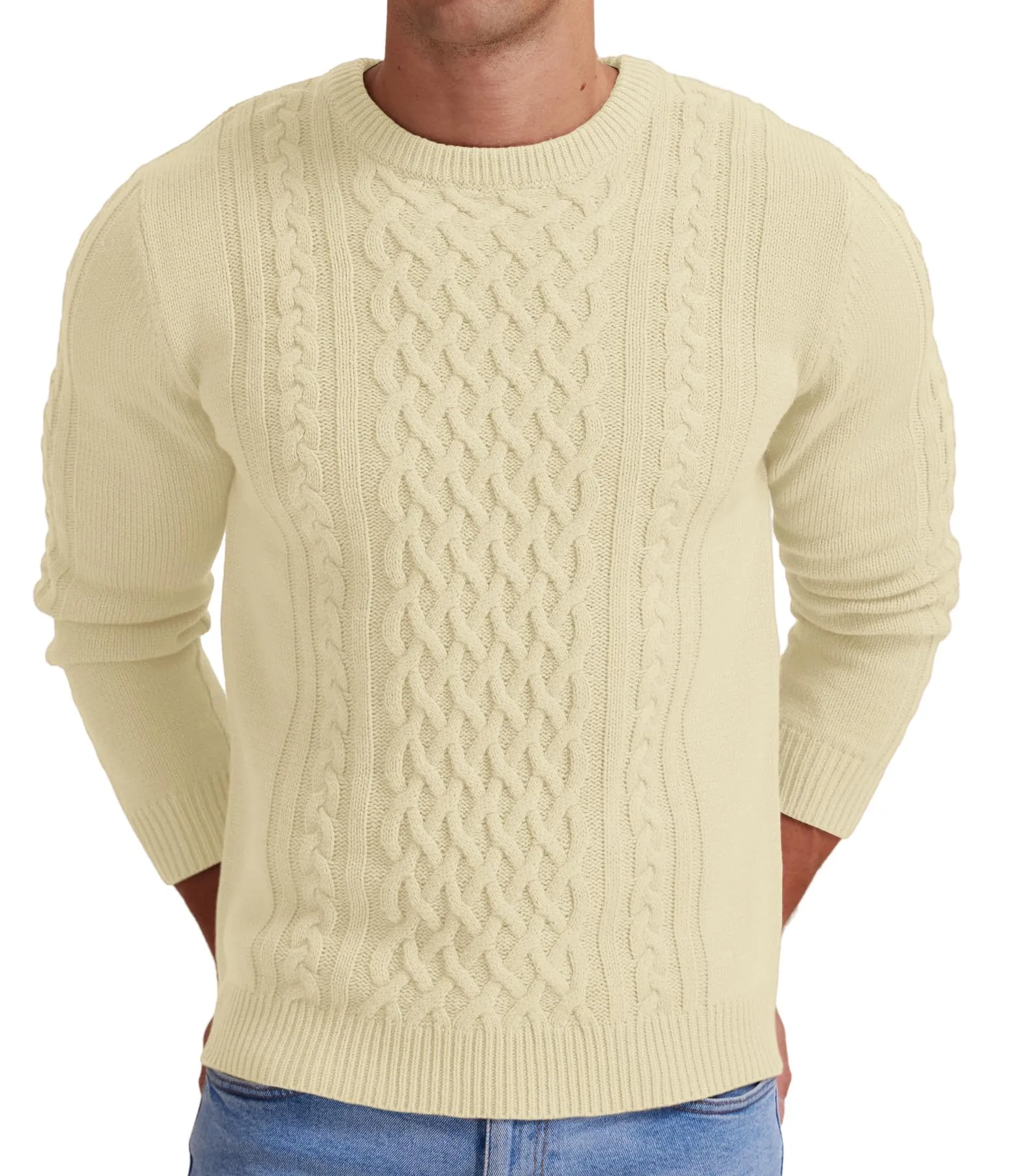 Askdeer Men's Fisherman Cable Crewneck Sweater Winter Casual Sweater for Men Knitted Pullover Sweaters with Ribbing Edge