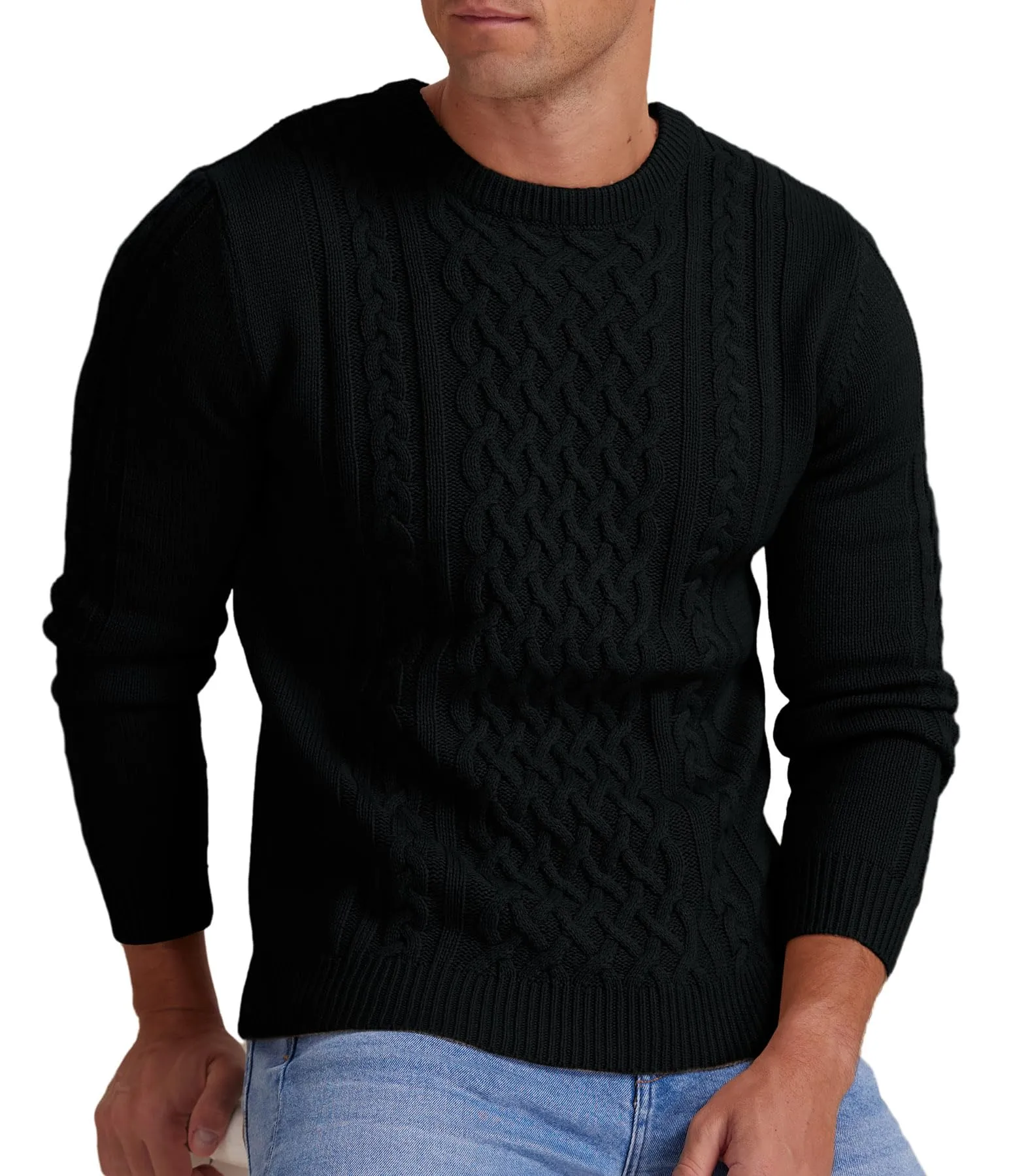 Askdeer Men's Fisherman Cable Crewneck Sweater Winter Casual Sweater for Men Knitted Pullover Sweaters with Ribbing Edge