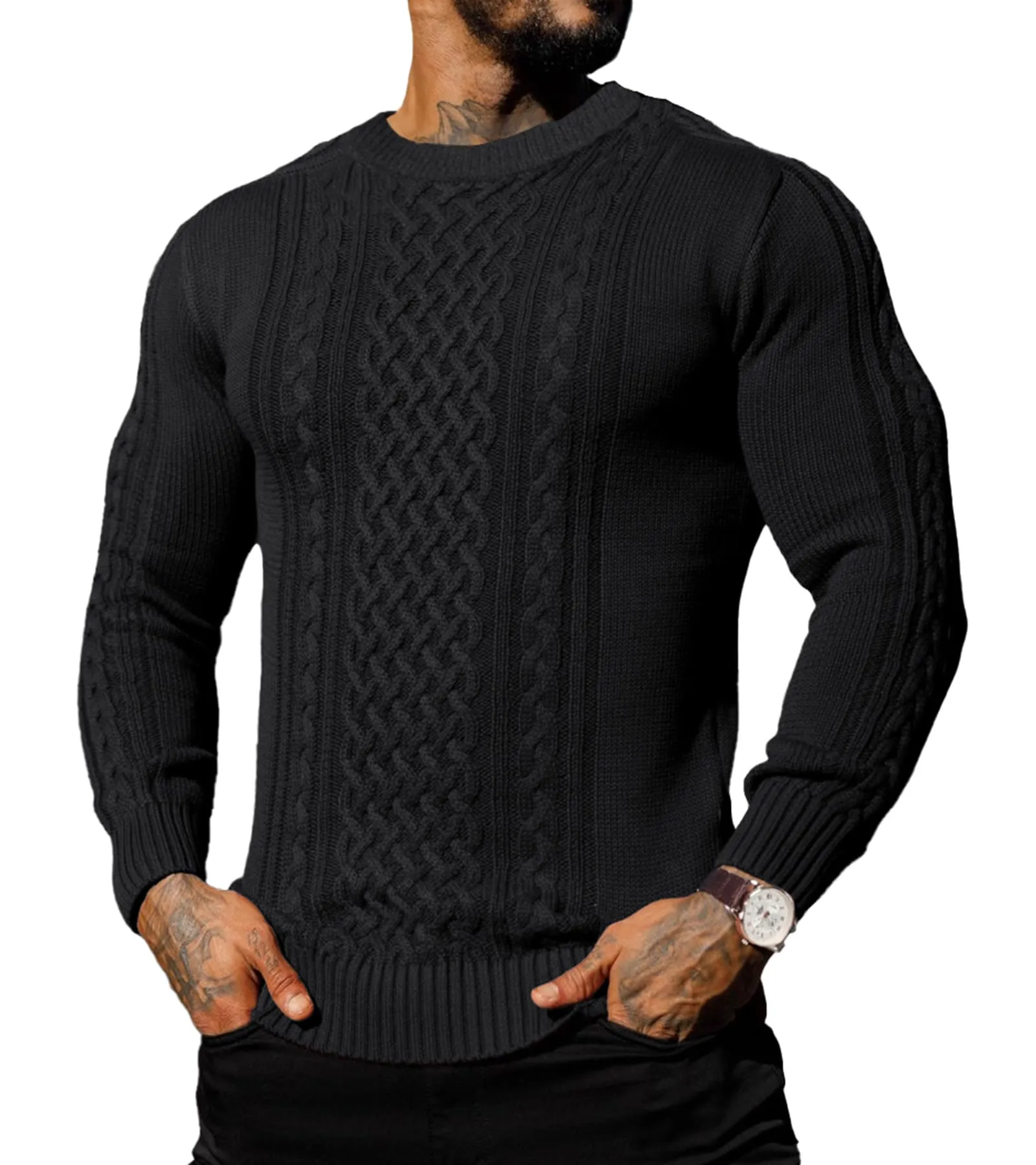 Askdeer Men's Fisherman Cable Crewneck Sweater Winter Casual Sweater for Men Knitted Pullover Sweaters with Ribbing Edge