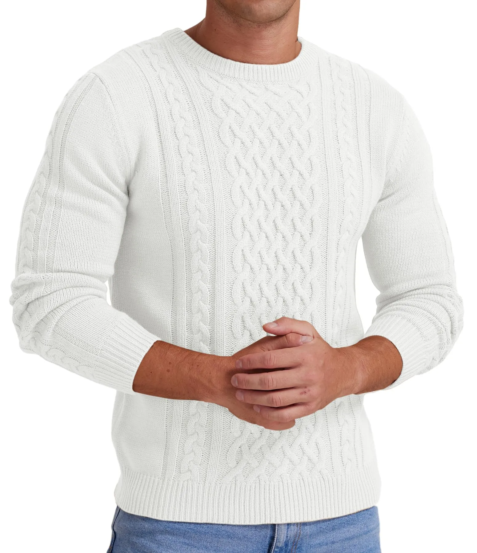 Askdeer Men's Fisherman Cable Crewneck Sweater Winter Casual Sweater for Men Knitted Pullover Sweaters with Ribbing Edge