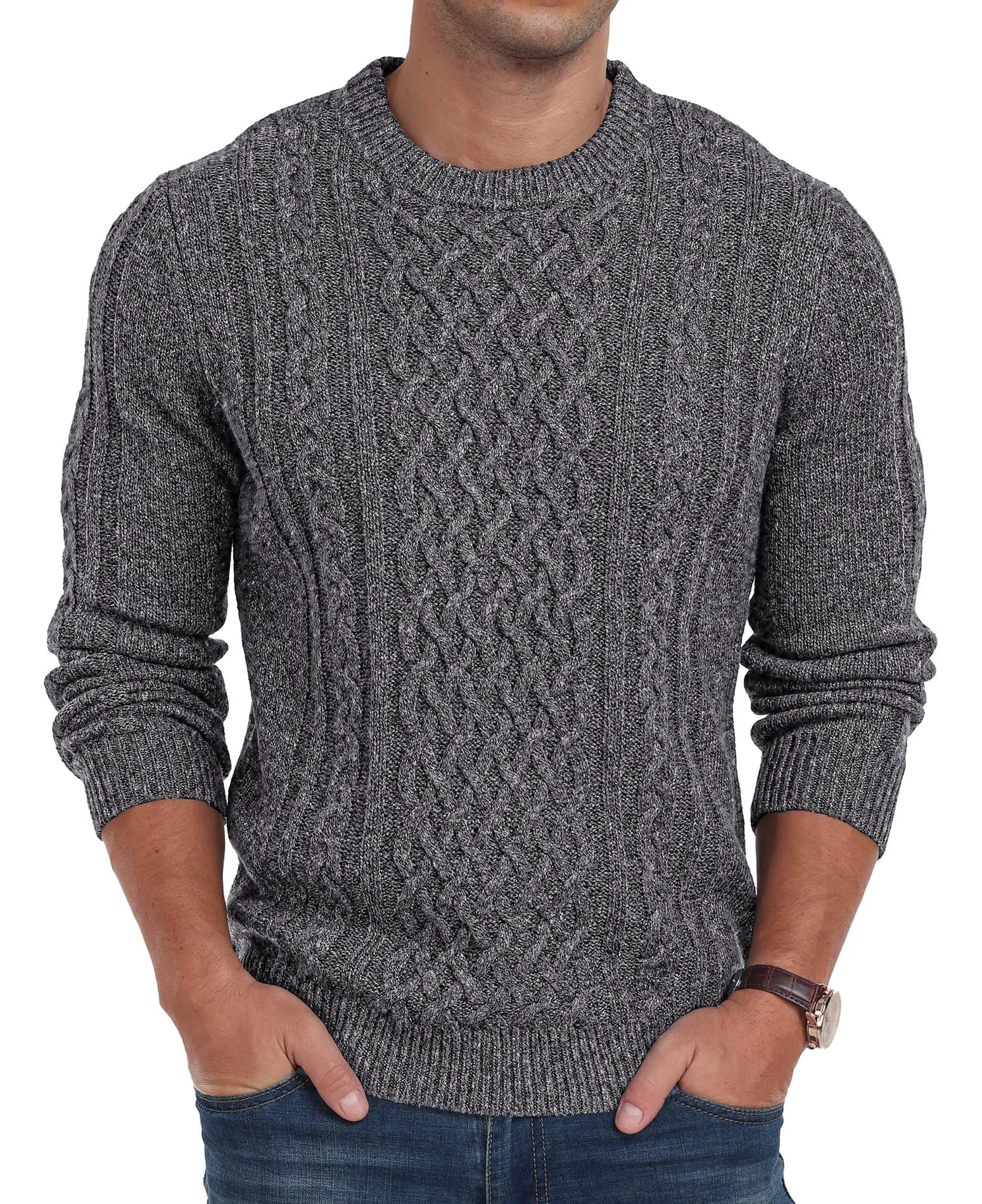 Askdeer Men's Fisherman Cable Crewneck Sweater Winter Casual Sweater for Men Knitted Pullover Sweaters with Ribbing Edge