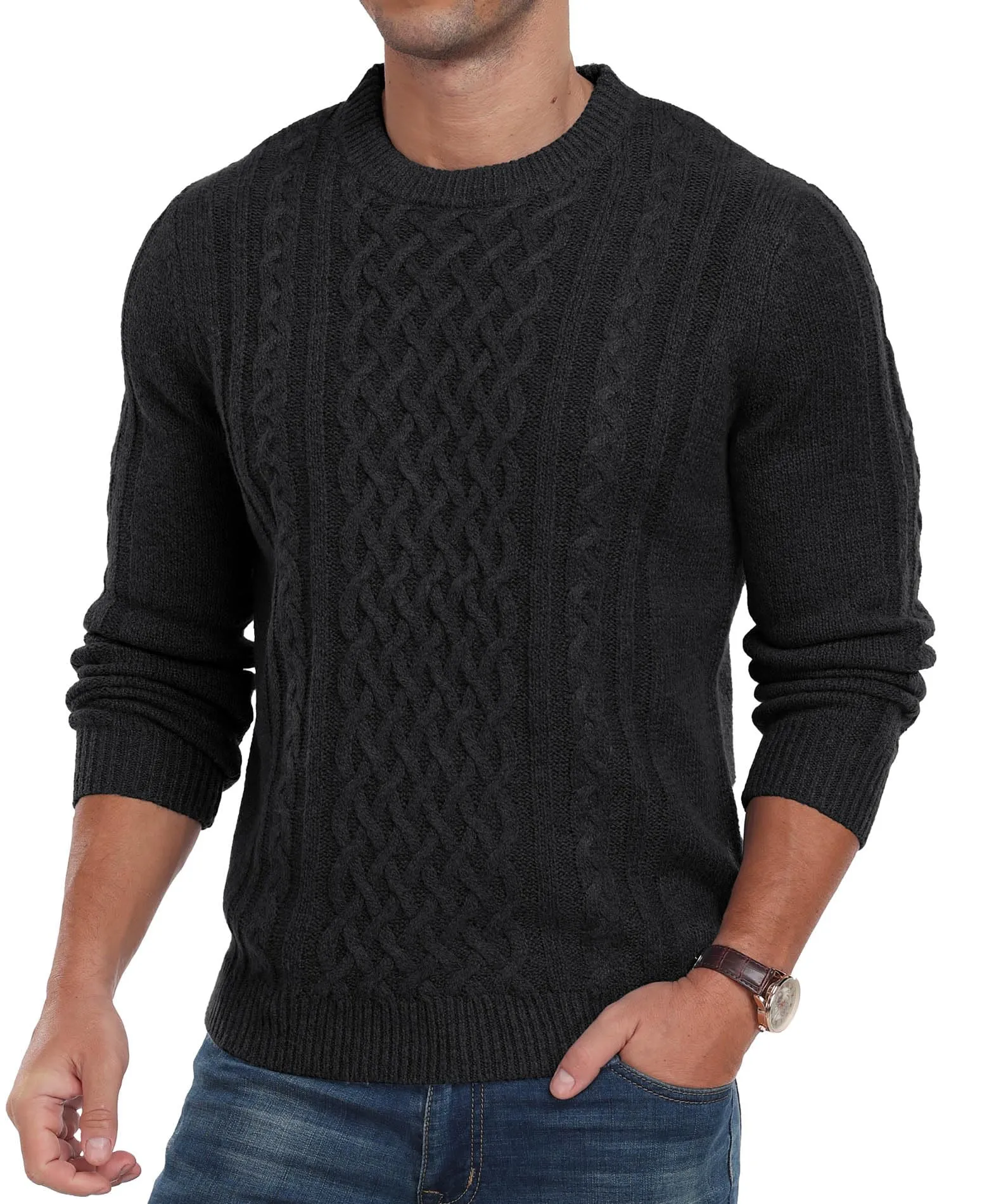 Askdeer Men's Fisherman Cable Crewneck Sweater Winter Casual Sweater for Men Knitted Pullover Sweaters with Ribbing Edge