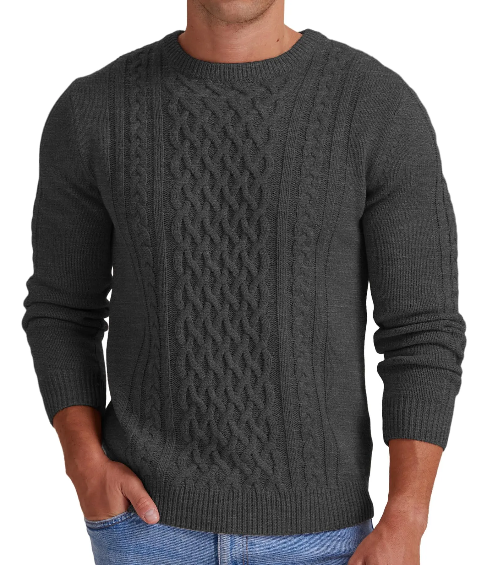 Askdeer Men's Fisherman Cable Crewneck Sweater Winter Casual Sweater for Men Knitted Pullover Sweaters with Ribbing Edge