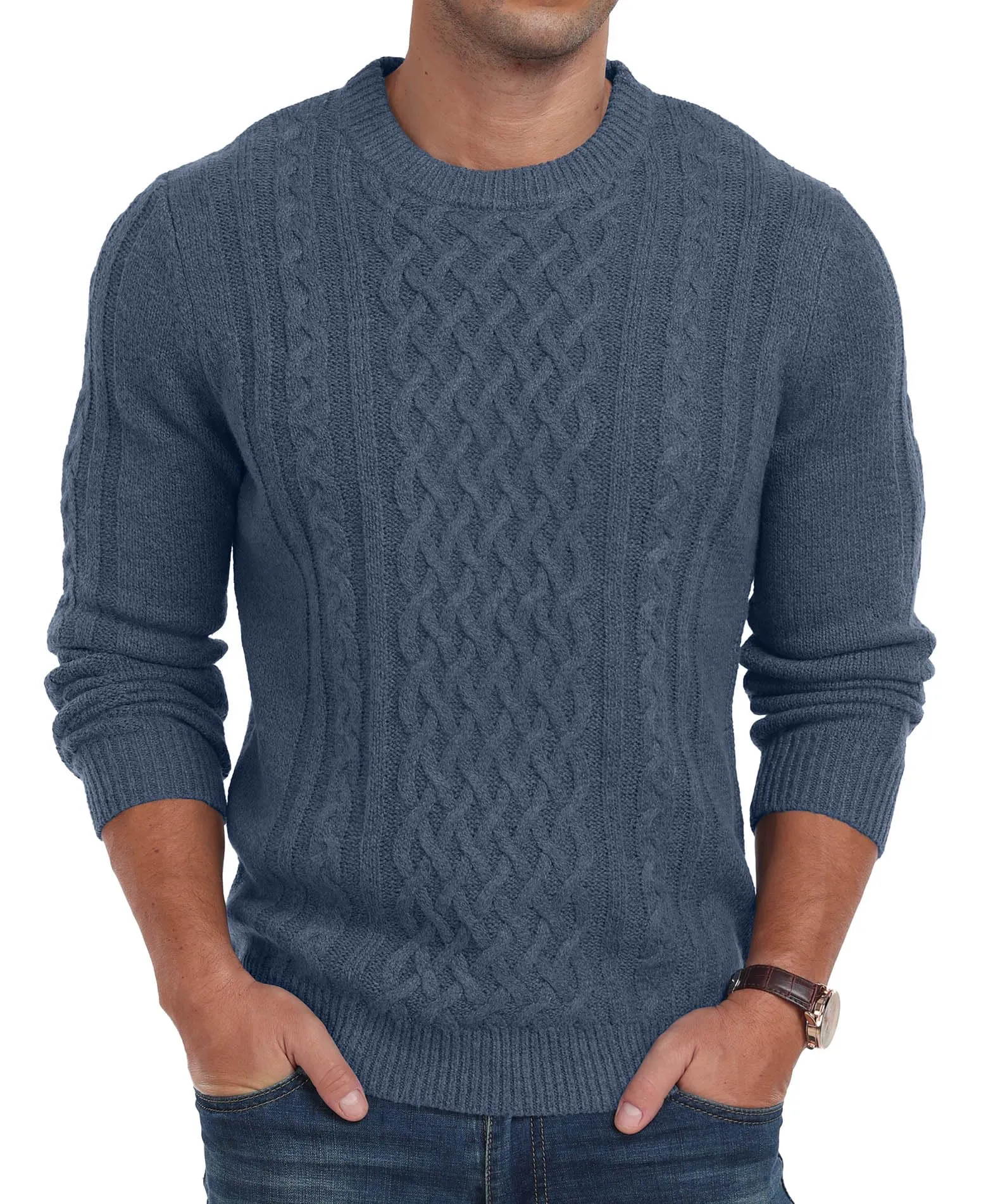 Askdeer Men's Fisherman Cable Crewneck Sweater Winter Casual Sweater for Men Knitted Pullover Sweaters with Ribbing Edge