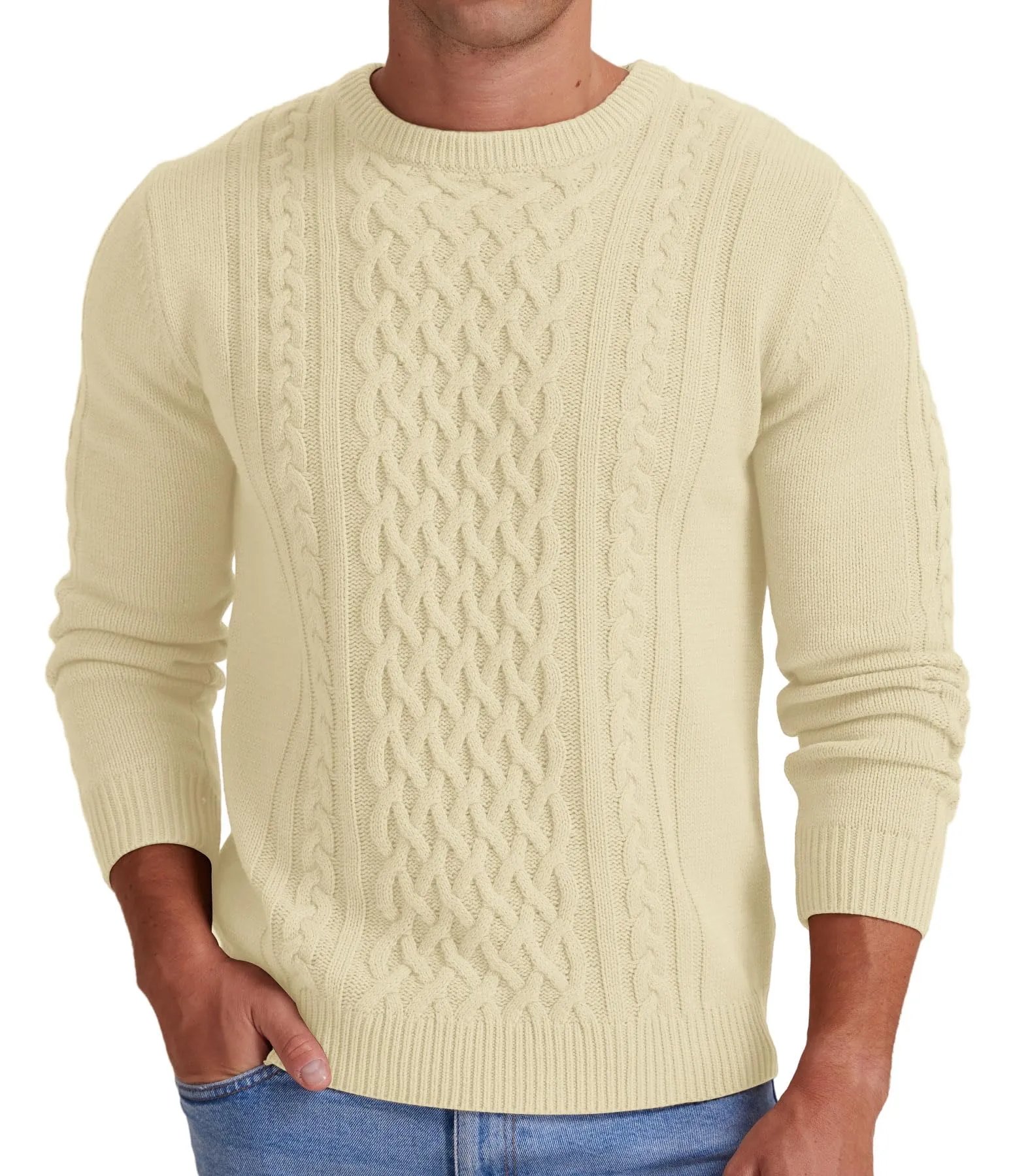 Askdeer Men's Fisherman Cable Crewneck Sweater Winter Casual Sweater for Men Knitted Pullover Sweaters with Ribbing Edge