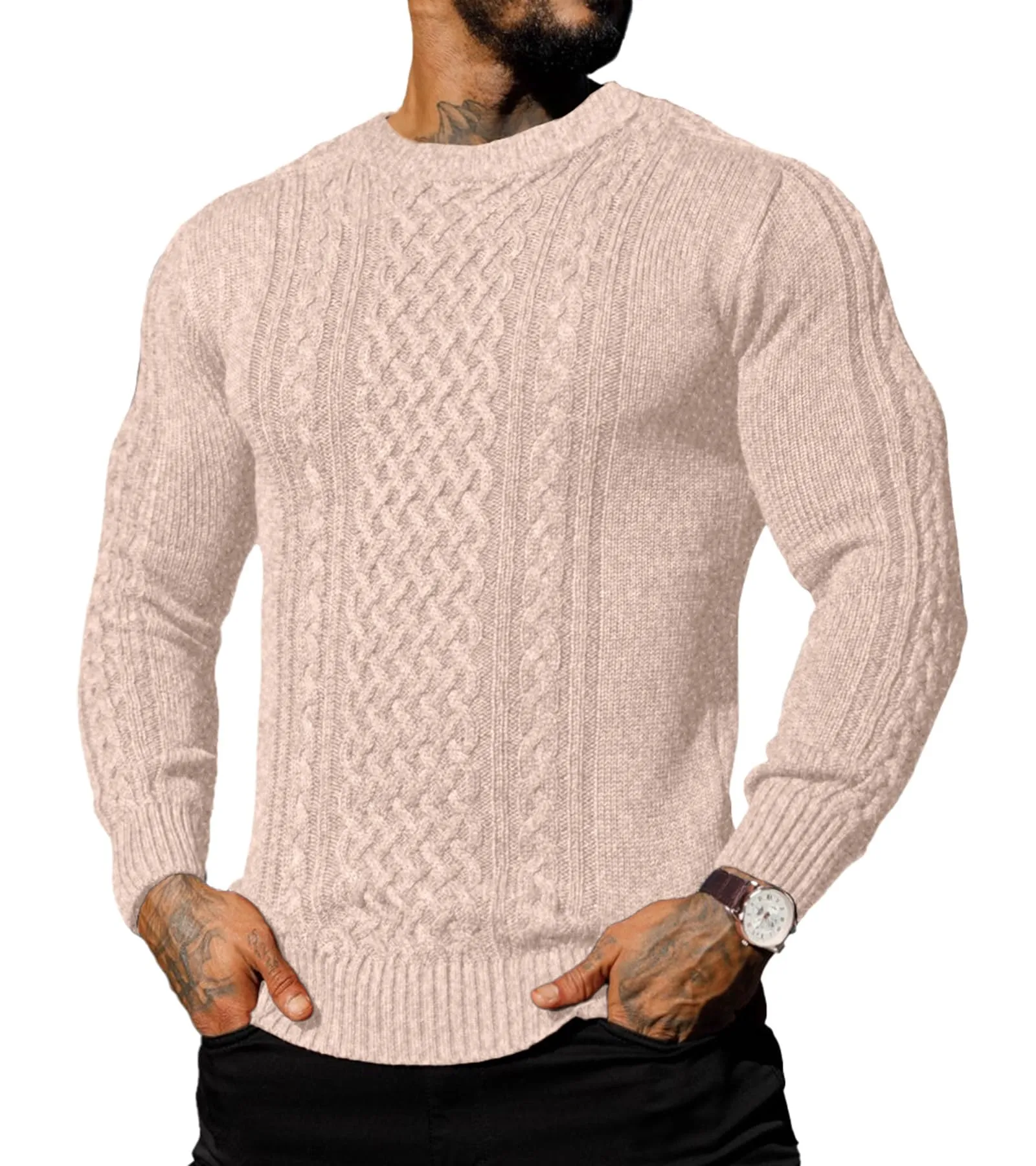 Askdeer Men's Fisherman Cable Crewneck Sweater Winter Casual Sweater for Men Knitted Pullover Sweaters with Ribbing Edge