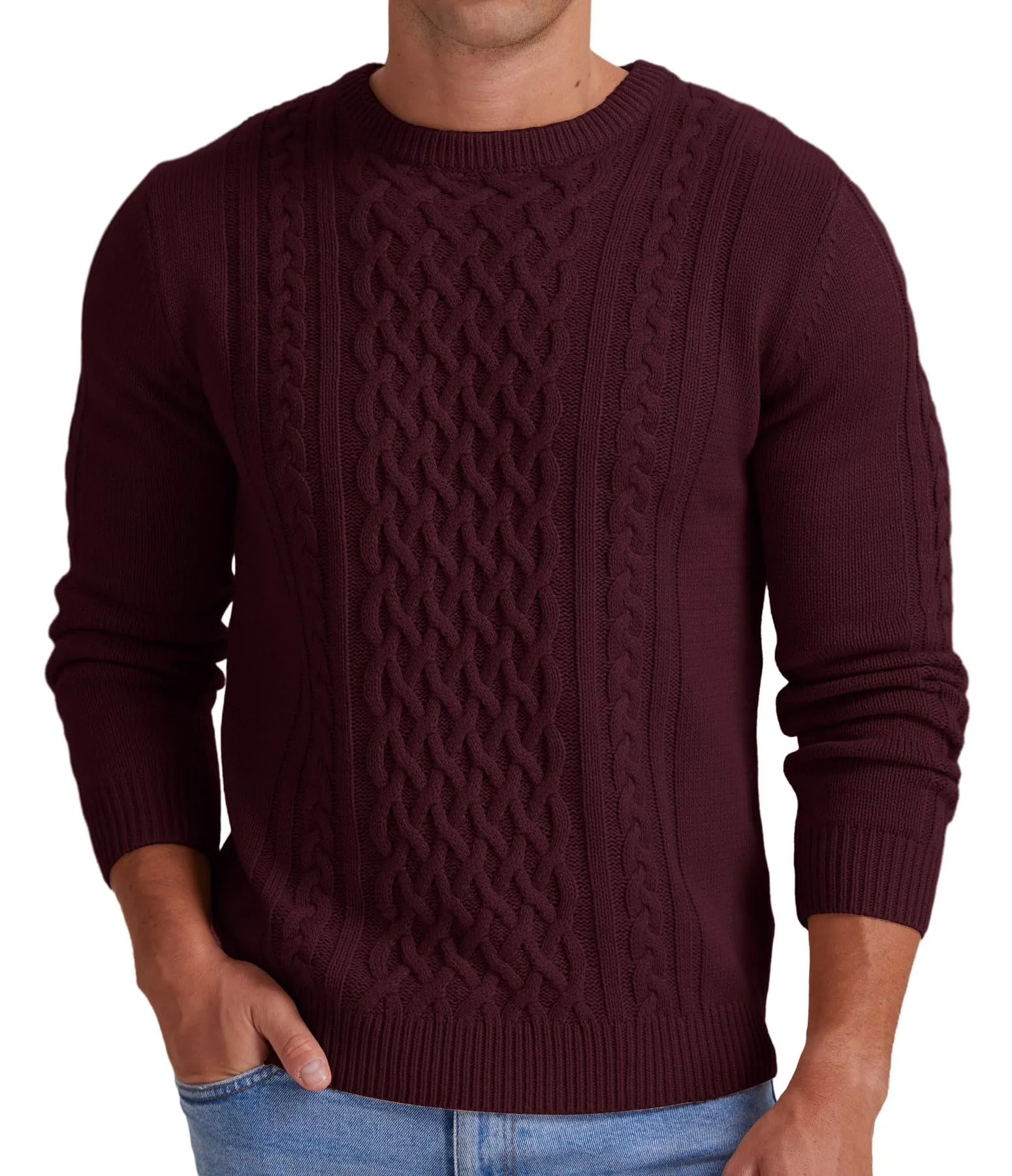 Askdeer Men's Fisherman Cable Crewneck Sweater Winter Casual Sweater for Men Knitted Pullover Sweaters with Ribbing Edge