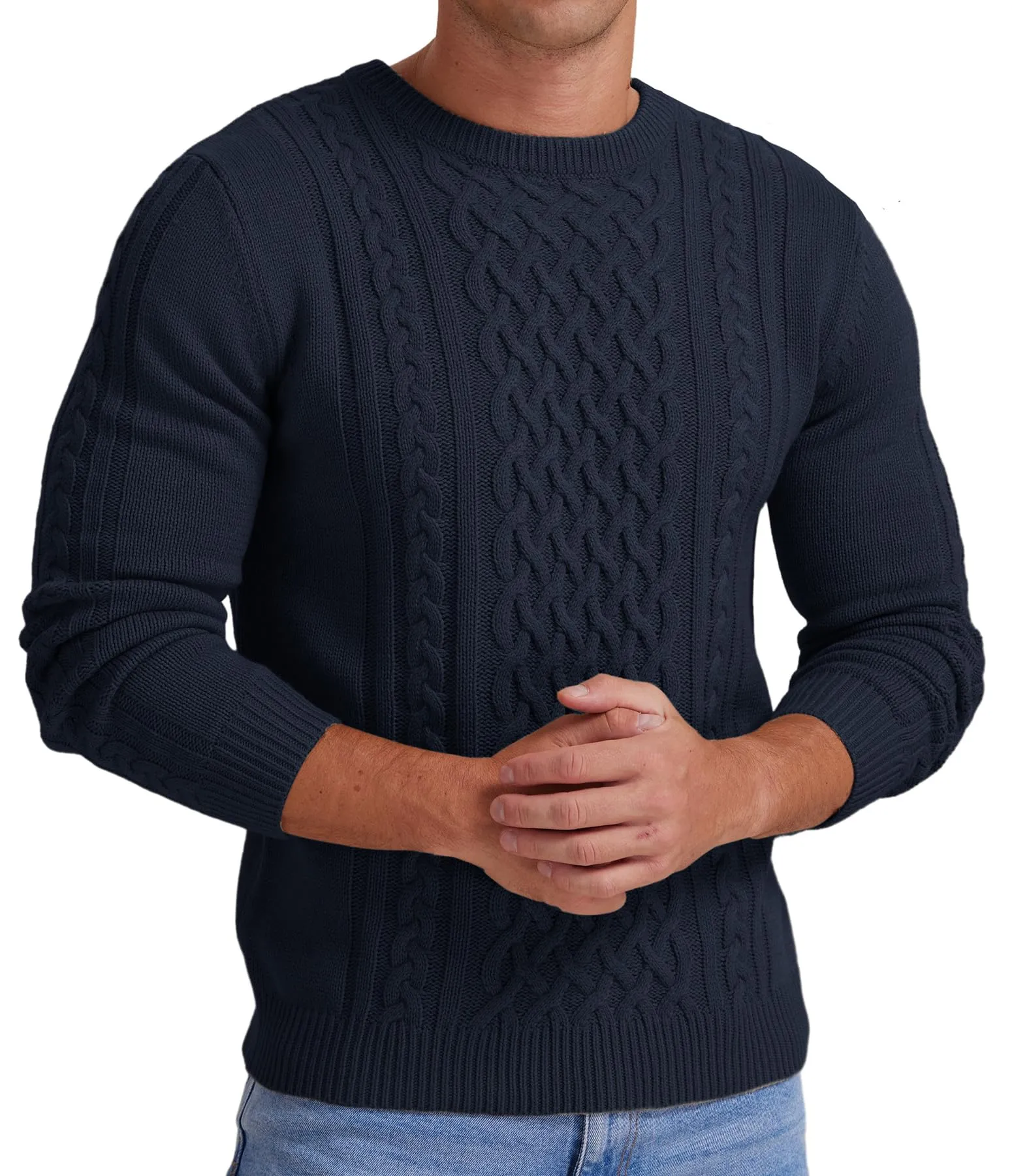 Askdeer Men's Fisherman Cable Crewneck Sweater Winter Casual Sweater for Men Knitted Pullover Sweaters with Ribbing Edge