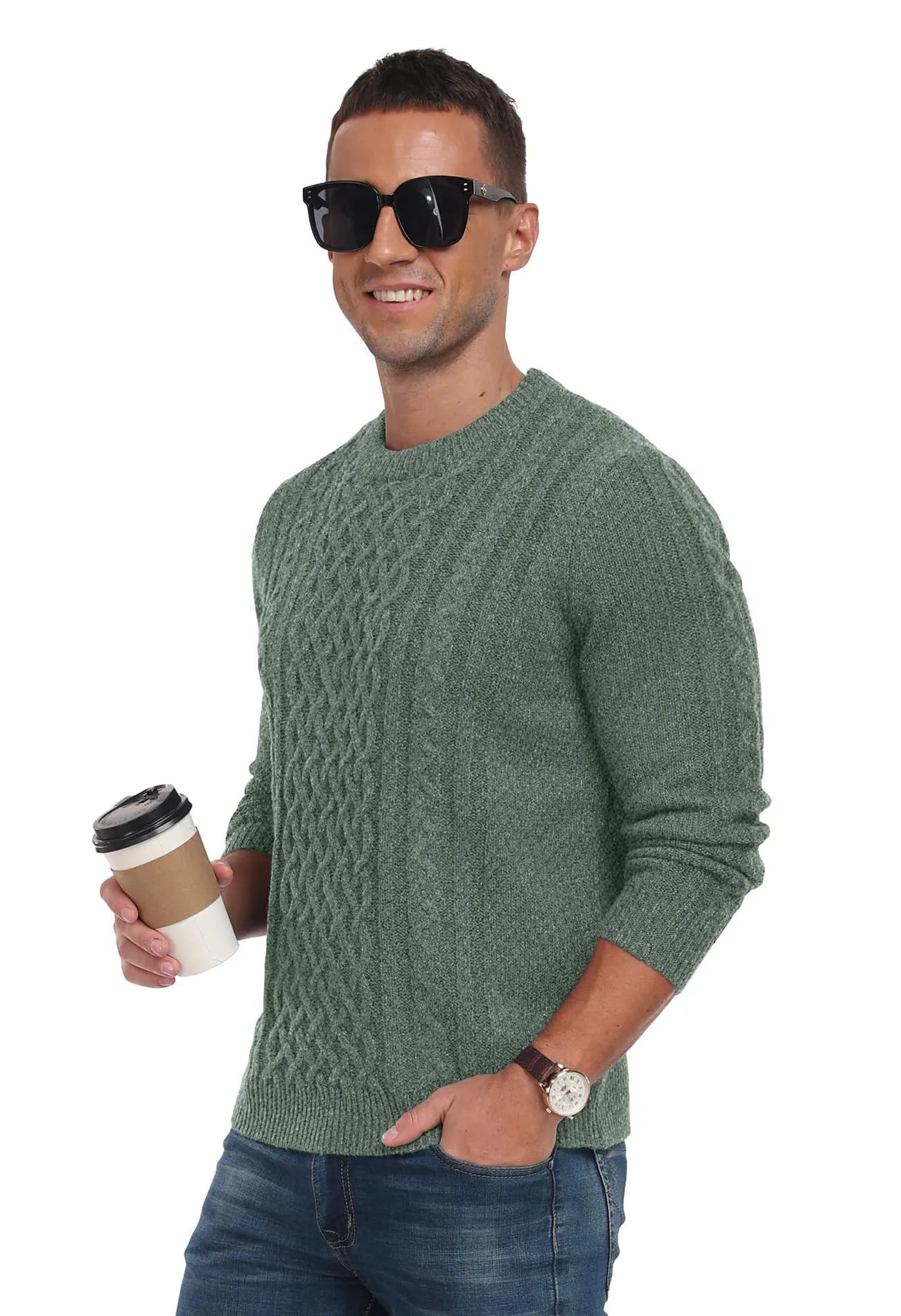 Askdeer Men's Fisherman Cable Crewneck Sweater Winter Casual Sweater for Men Knitted Pullover Sweaters with Ribbing Edge