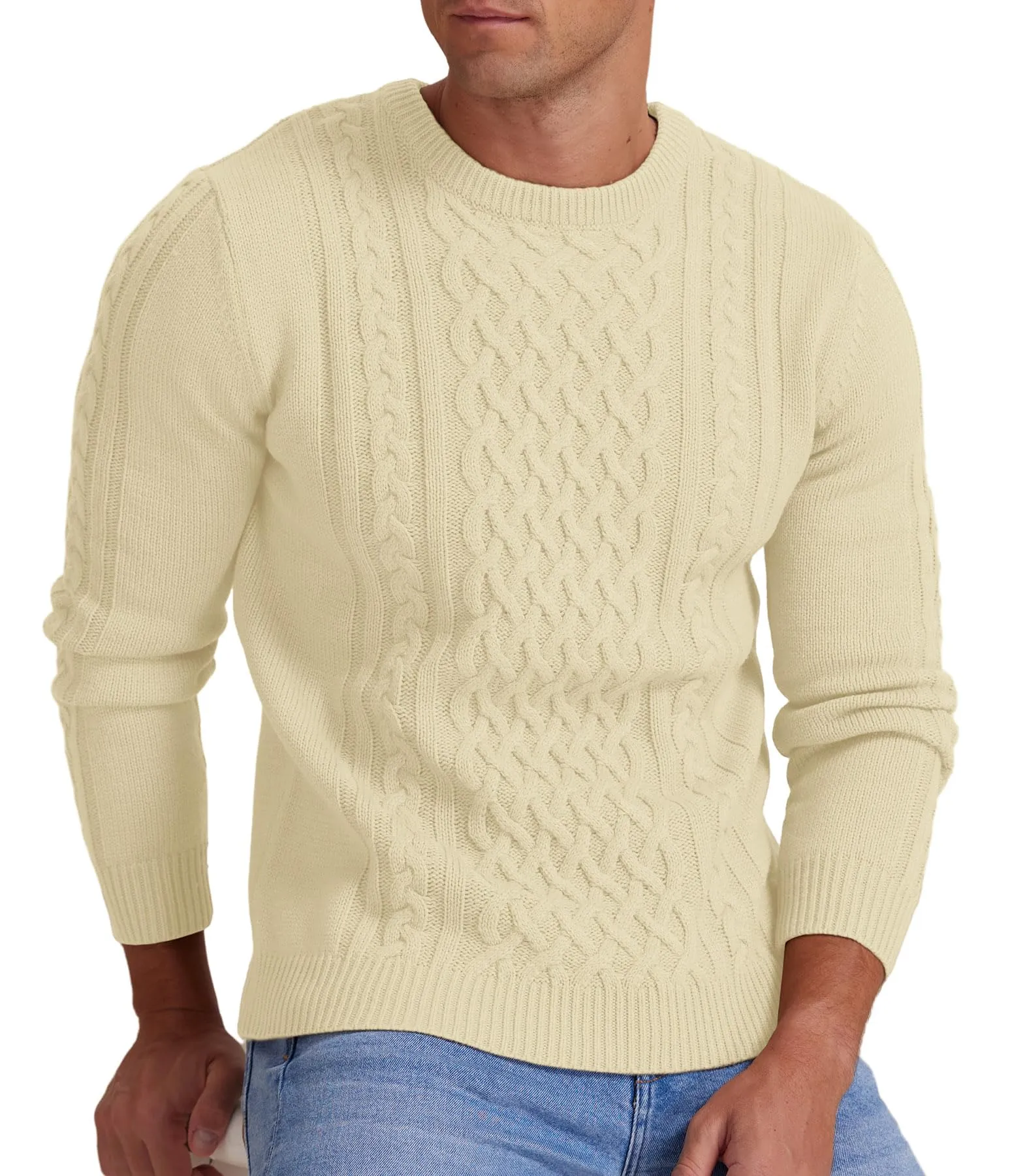 Askdeer Men's Fisherman Cable Crewneck Sweater Winter Casual Sweater for Men Knitted Pullover Sweaters with Ribbing Edge