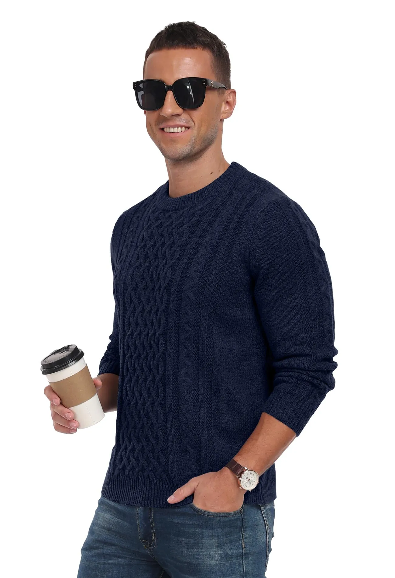 Askdeer Men's Fisherman Cable Crewneck Sweater Winter Casual Sweater for Men Knitted Pullover Sweaters with Ribbing Edge