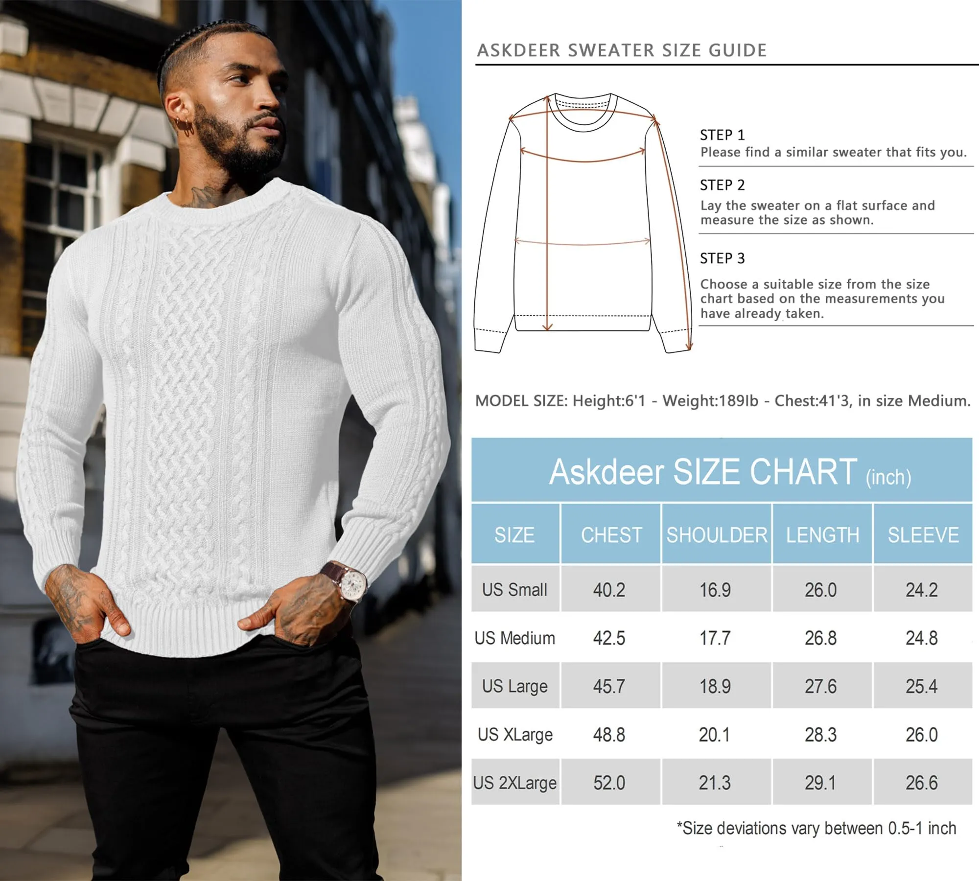Askdeer Men's Fisherman Cable Crewneck Sweater Winter Casual Sweater for Men Knitted Pullover Sweaters with Ribbing Edge