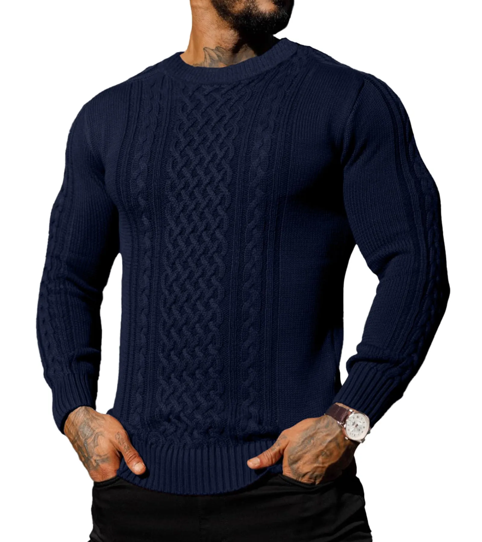 Askdeer Men's Fisherman Cable Crewneck Sweater Winter Casual Sweater for Men Knitted Pullover Sweaters with Ribbing Edge