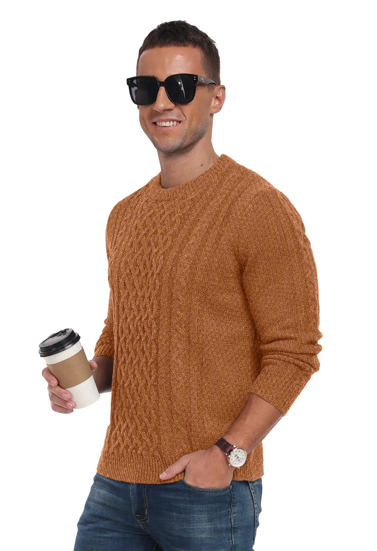 Askdeer Men's Fisherman Cable Crewneck Sweater Winter Casual Sweater for Men Knitted Pullover Sweaters with Ribbing Edge