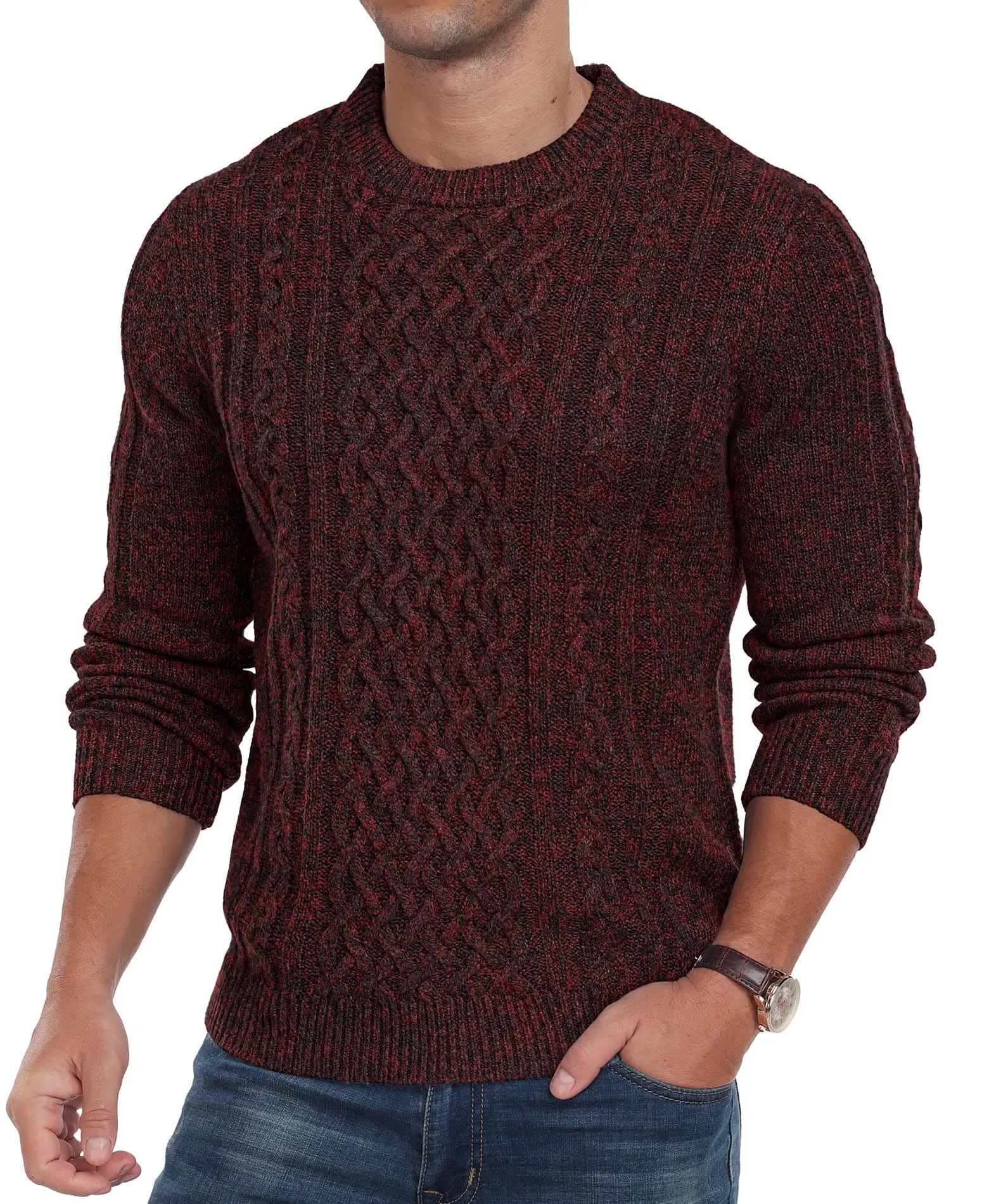 Askdeer Men's Fisherman Cable Crewneck Sweater Winter Casual Sweater for Men Knitted Pullover Sweaters with Ribbing Edge
