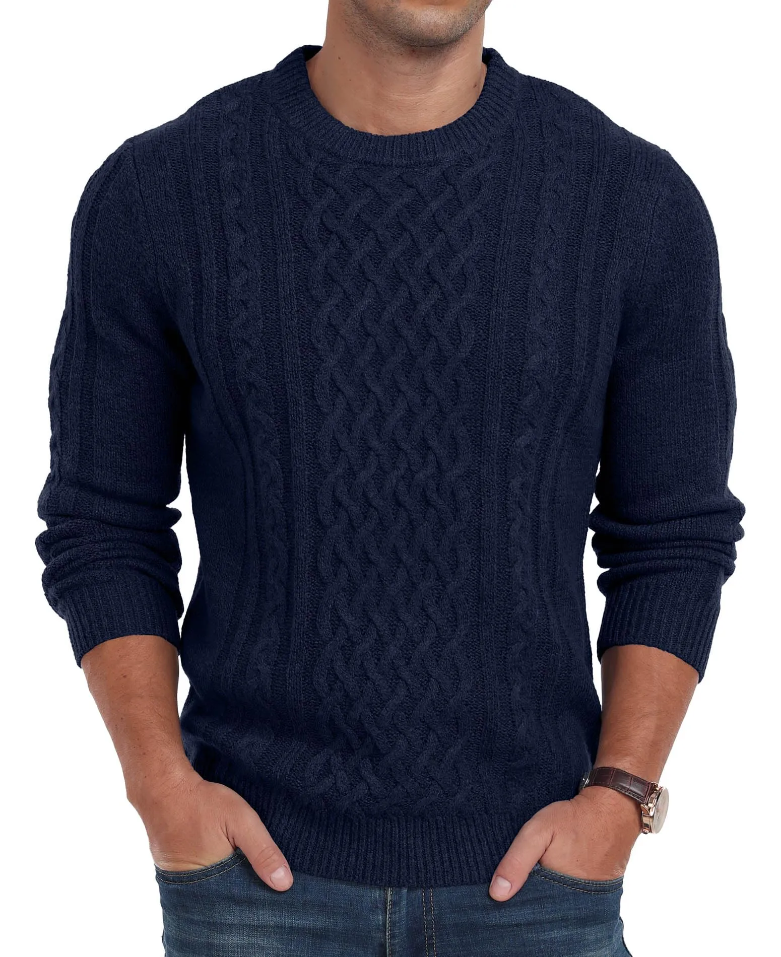 Askdeer Men's Fisherman Cable Crewneck Sweater Winter Casual Sweater for Men Knitted Pullover Sweaters with Ribbing Edge