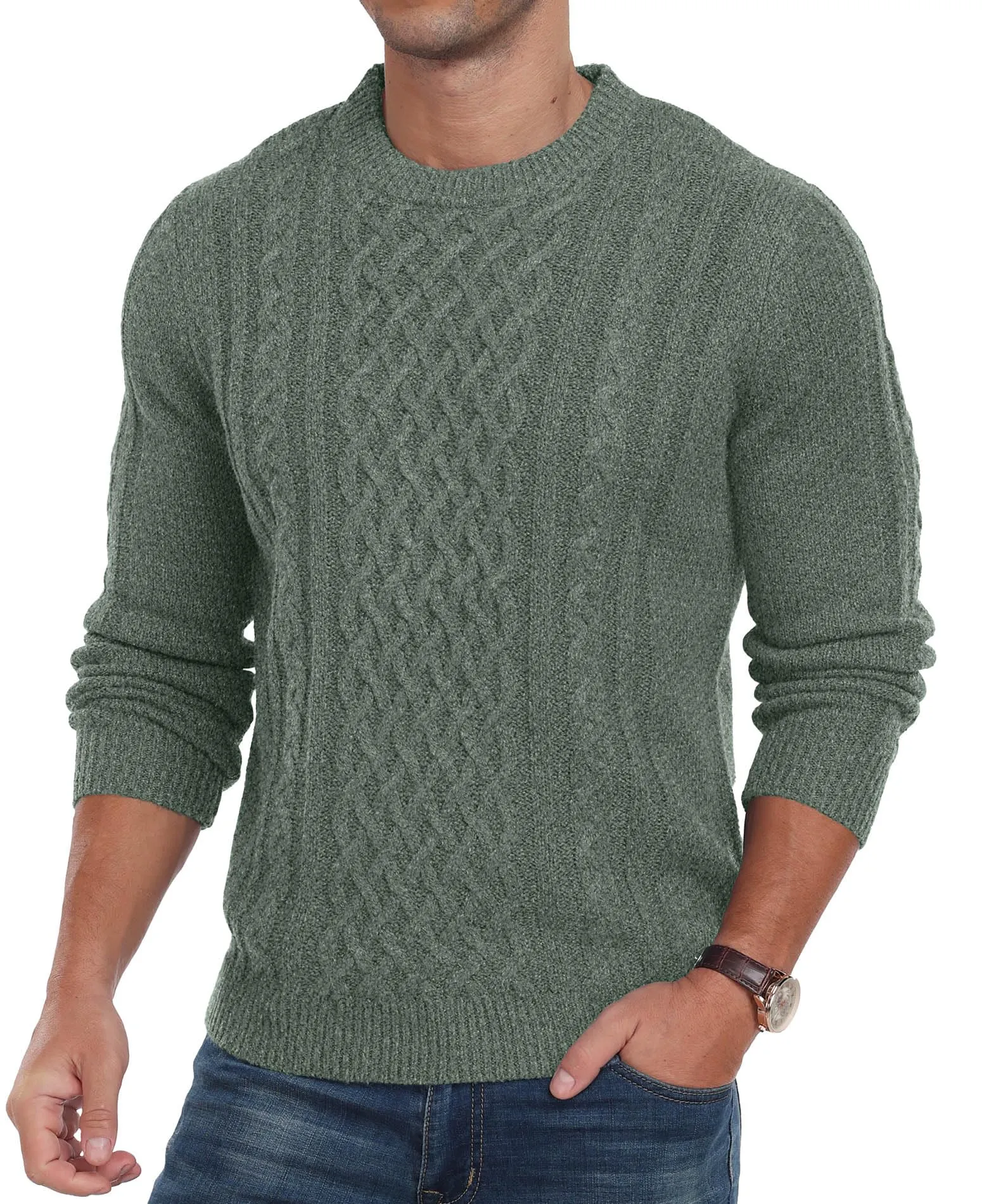 Askdeer Men's Fisherman Cable Crewneck Sweater Winter Casual Sweater for Men Knitted Pullover Sweaters with Ribbing Edge