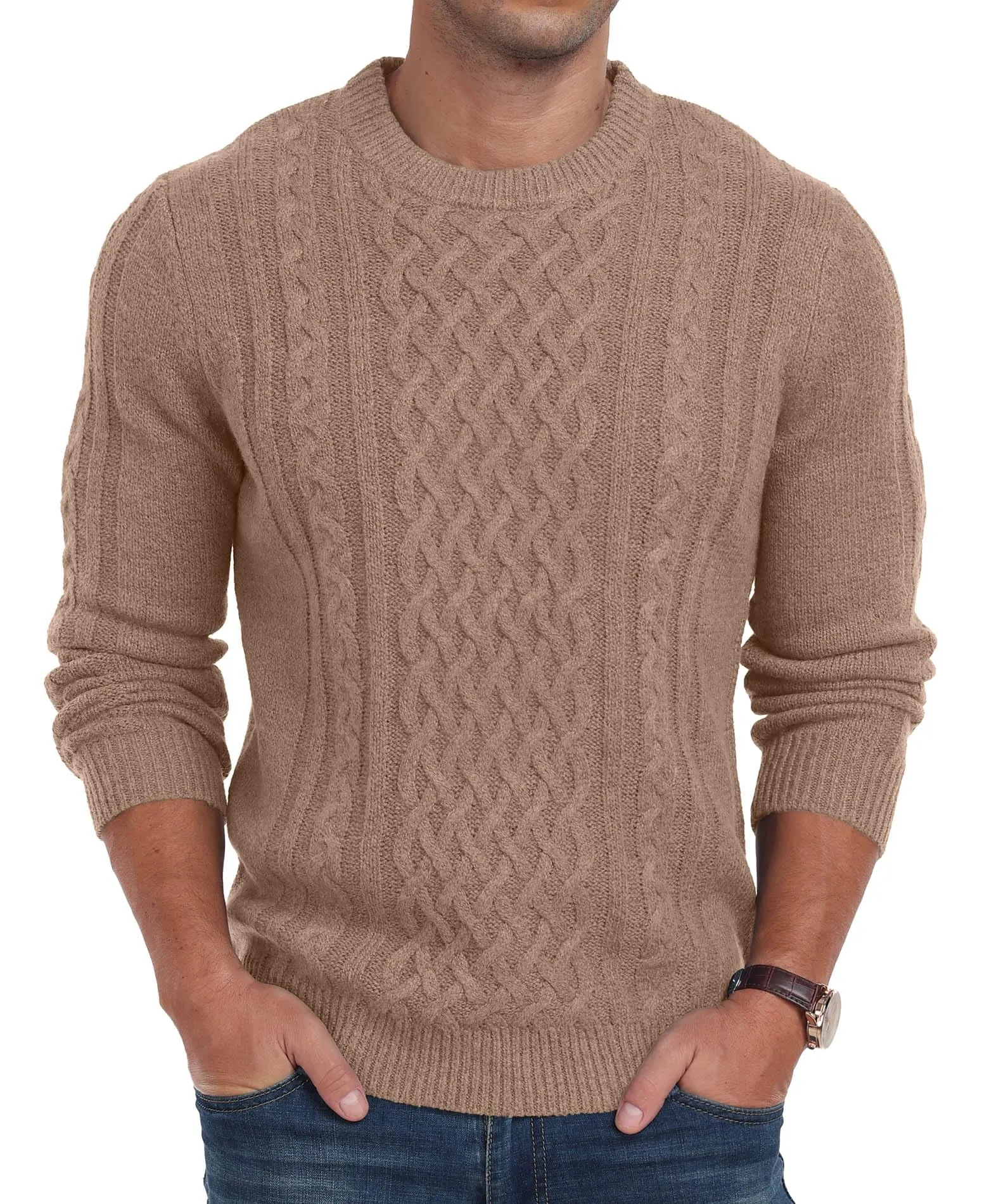Askdeer Men's Fisherman Cable Crewneck Sweater Winter Casual Sweater for Men Knitted Pullover Sweaters with Ribbing Edge