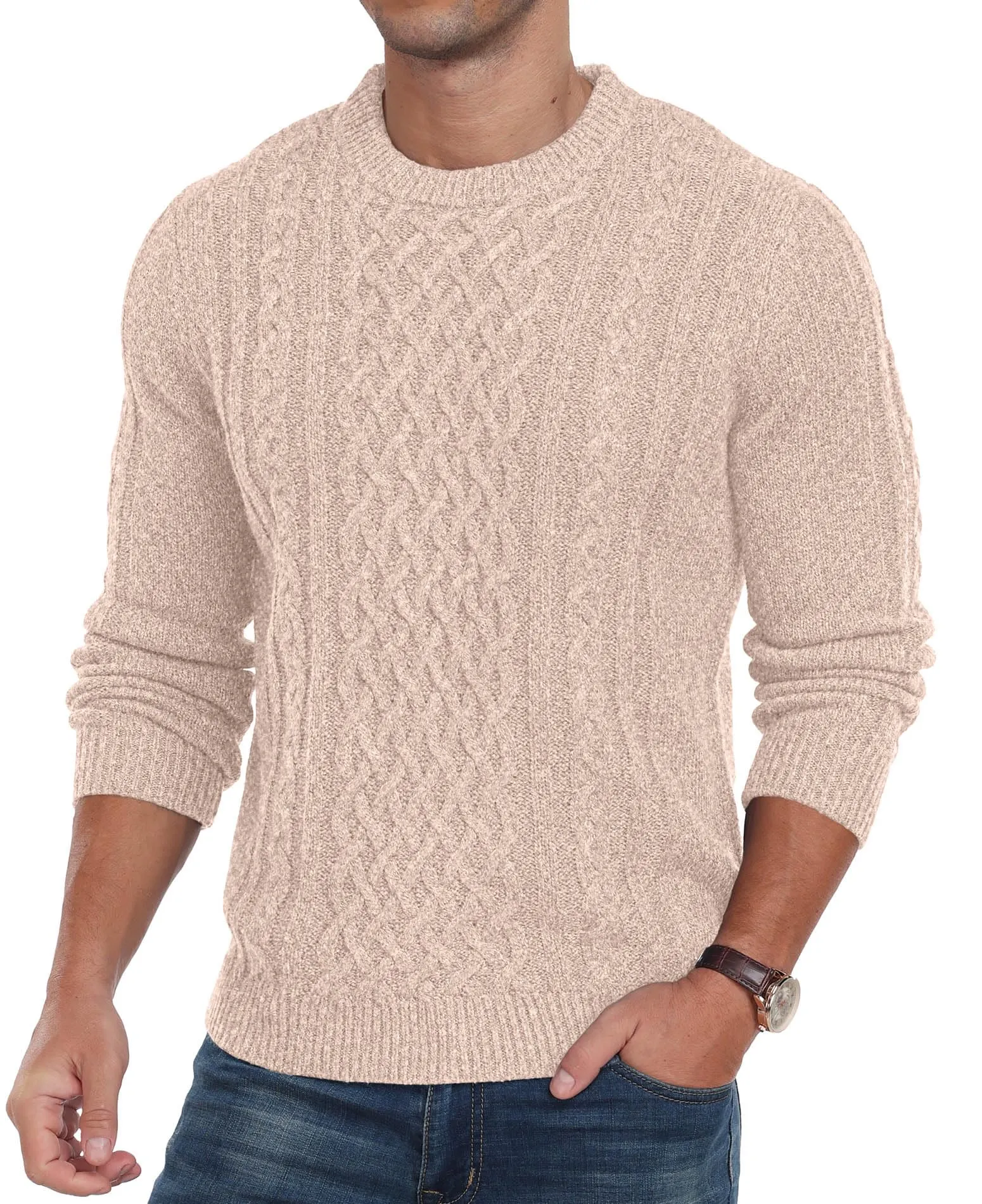 Askdeer Men's Fisherman Cable Crewneck Sweater Winter Casual Sweater for Men Knitted Pullover Sweaters with Ribbing Edge