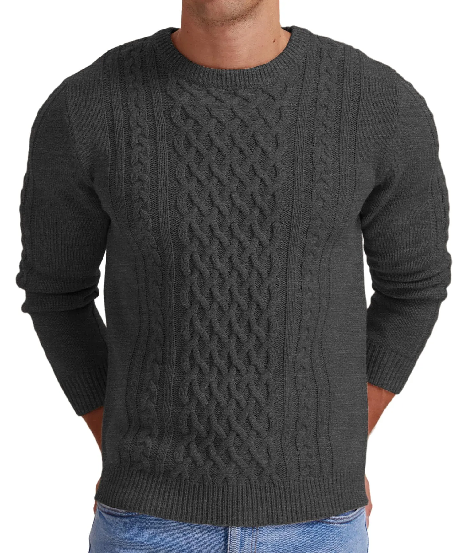 Askdeer Men's Fisherman Cable Crewneck Sweater Winter Casual Sweater for Men Knitted Pullover Sweaters with Ribbing Edge