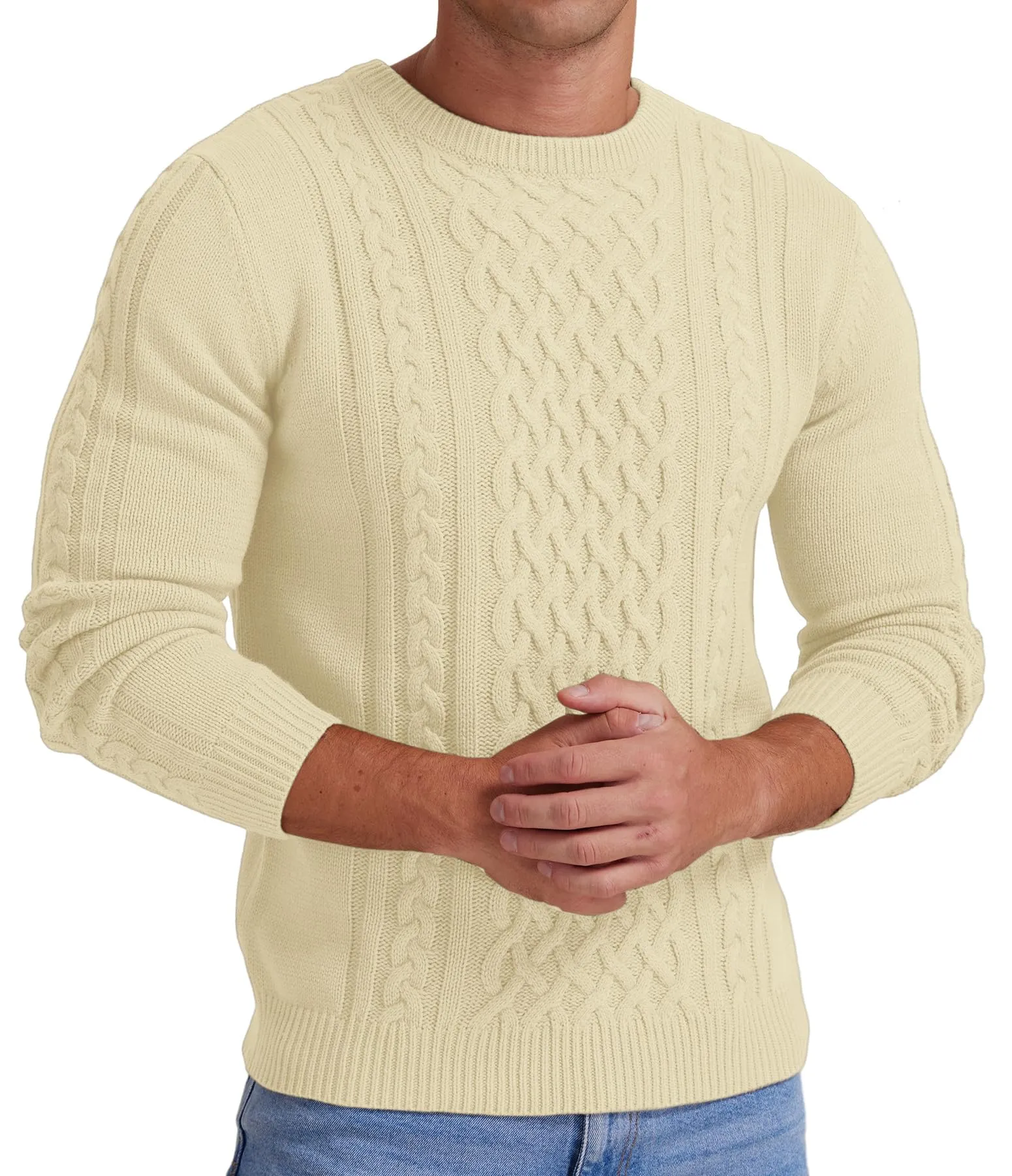 Askdeer Men's Fisherman Cable Crewneck Sweater Winter Casual Sweater for Men Knitted Pullover Sweaters with Ribbing Edge