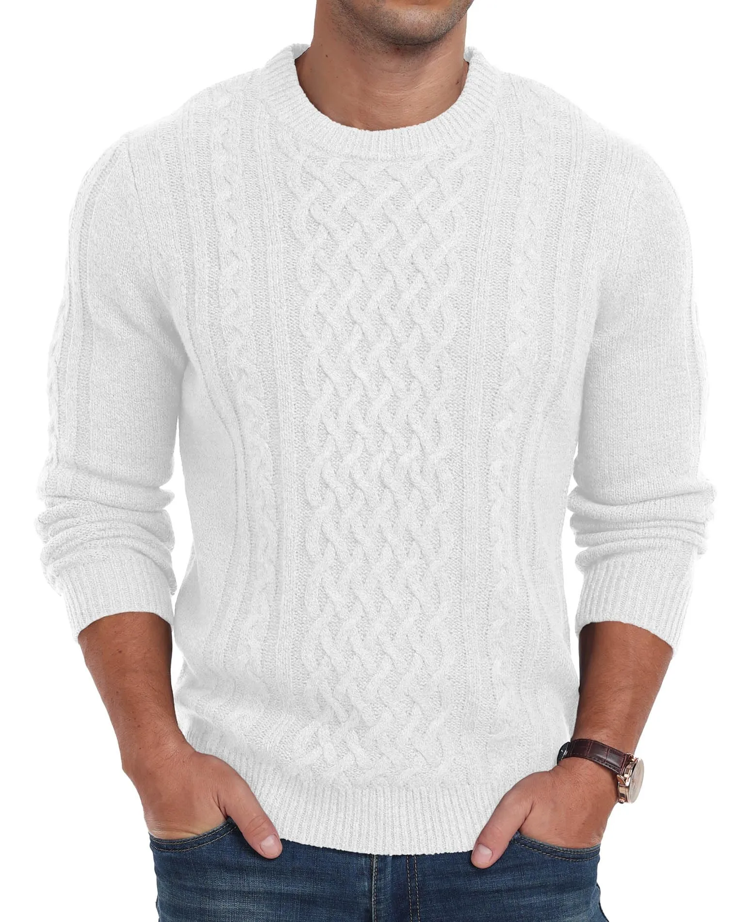Askdeer Men's Fisherman Cable Crewneck Sweater Winter Casual Sweater for Men Knitted Pullover Sweaters with Ribbing Edge
