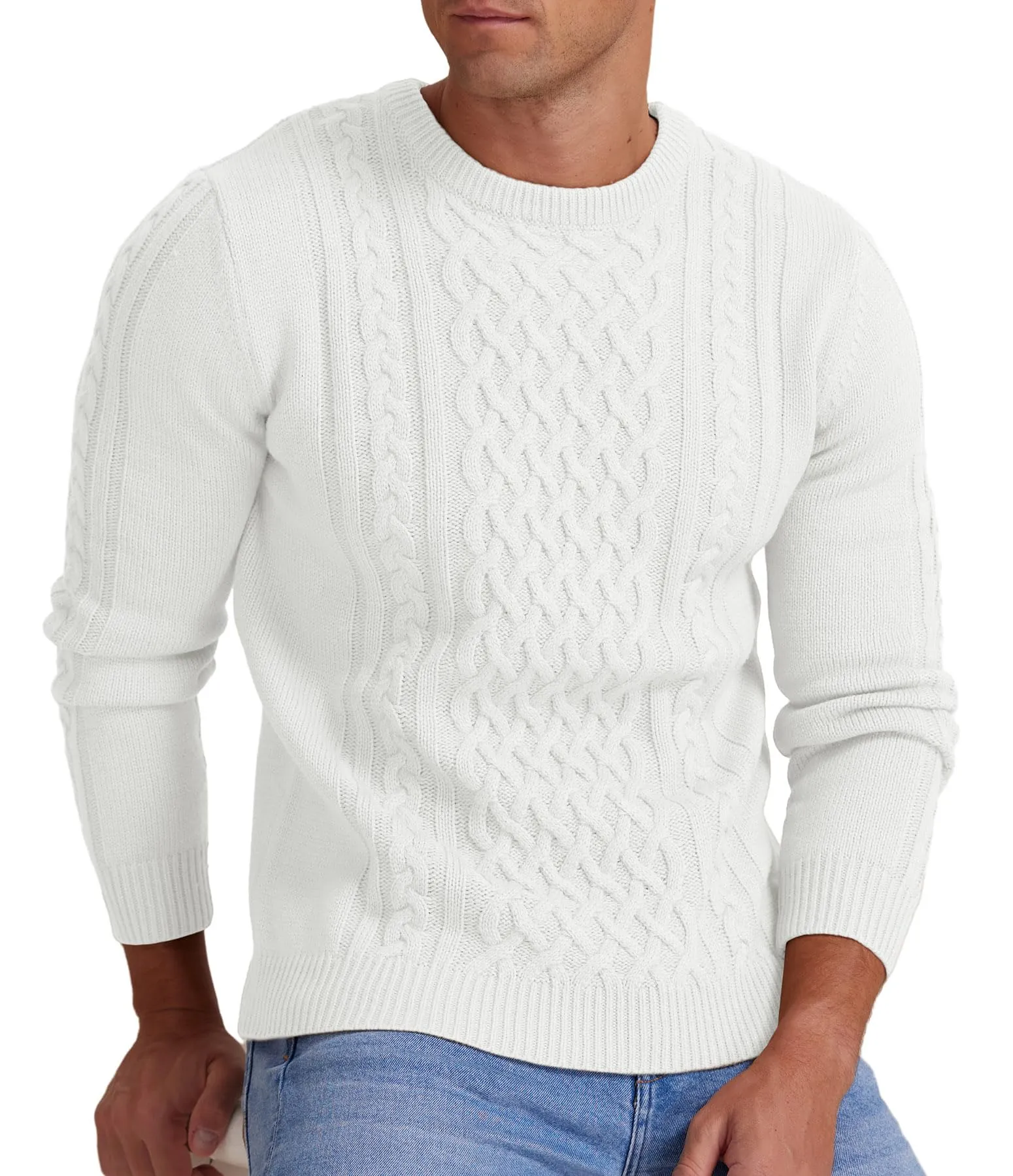 Askdeer Men's Fisherman Cable Crewneck Sweater Winter Casual Sweater for Men Knitted Pullover Sweaters with Ribbing Edge