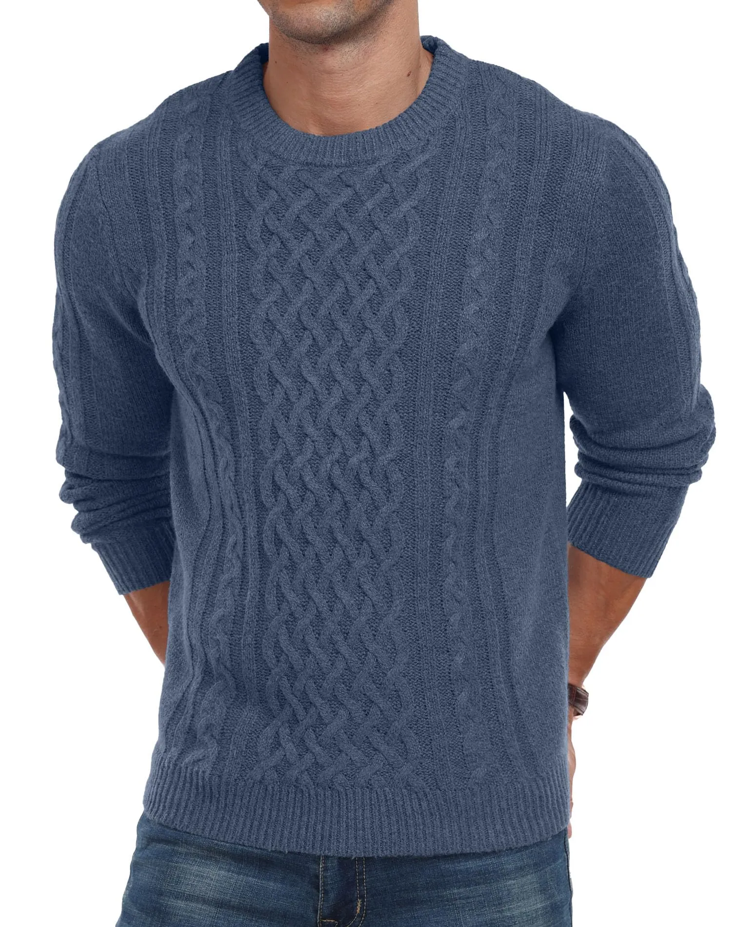 Askdeer Men's Fisherman Cable Crewneck Sweater Winter Casual Sweater for Men Knitted Pullover Sweaters with Ribbing Edge