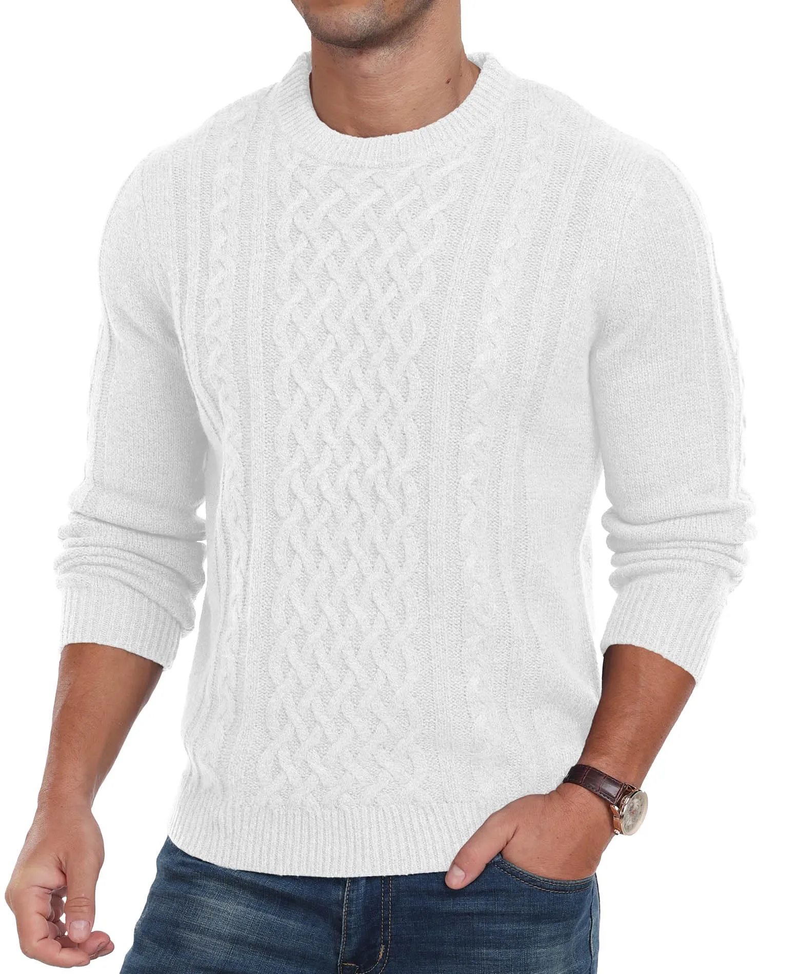 Askdeer Men's Fisherman Cable Crewneck Sweater Winter Casual Sweater for Men Knitted Pullover Sweaters with Ribbing Edge