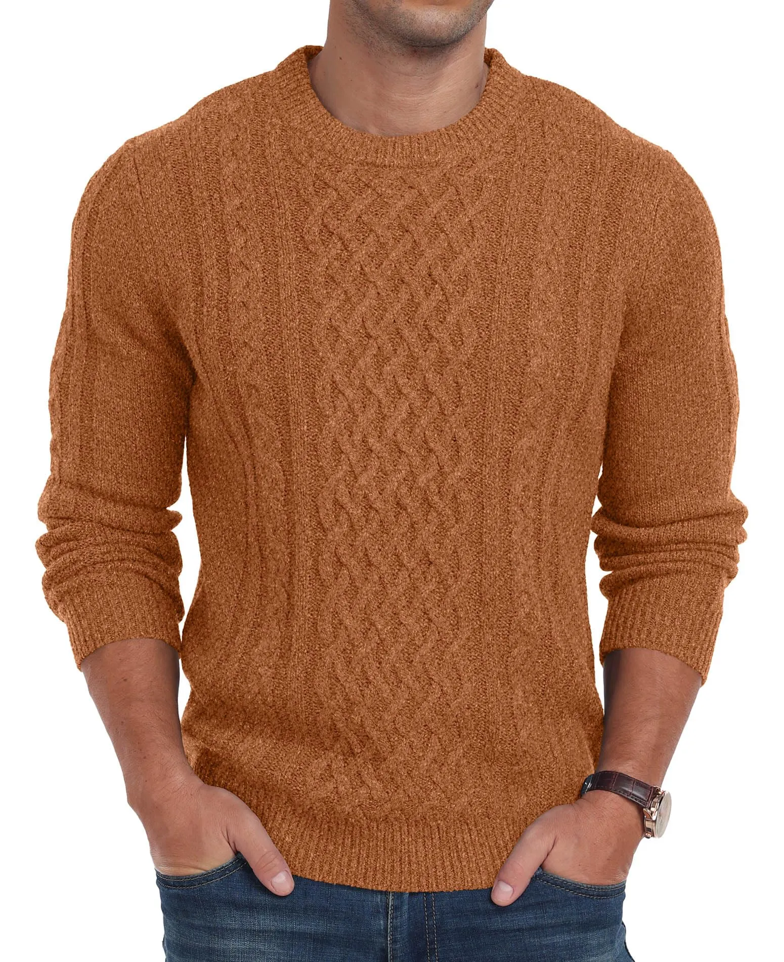 Askdeer Men's Fisherman Cable Crewneck Sweater Winter Casual Sweater for Men Knitted Pullover Sweaters with Ribbing Edge