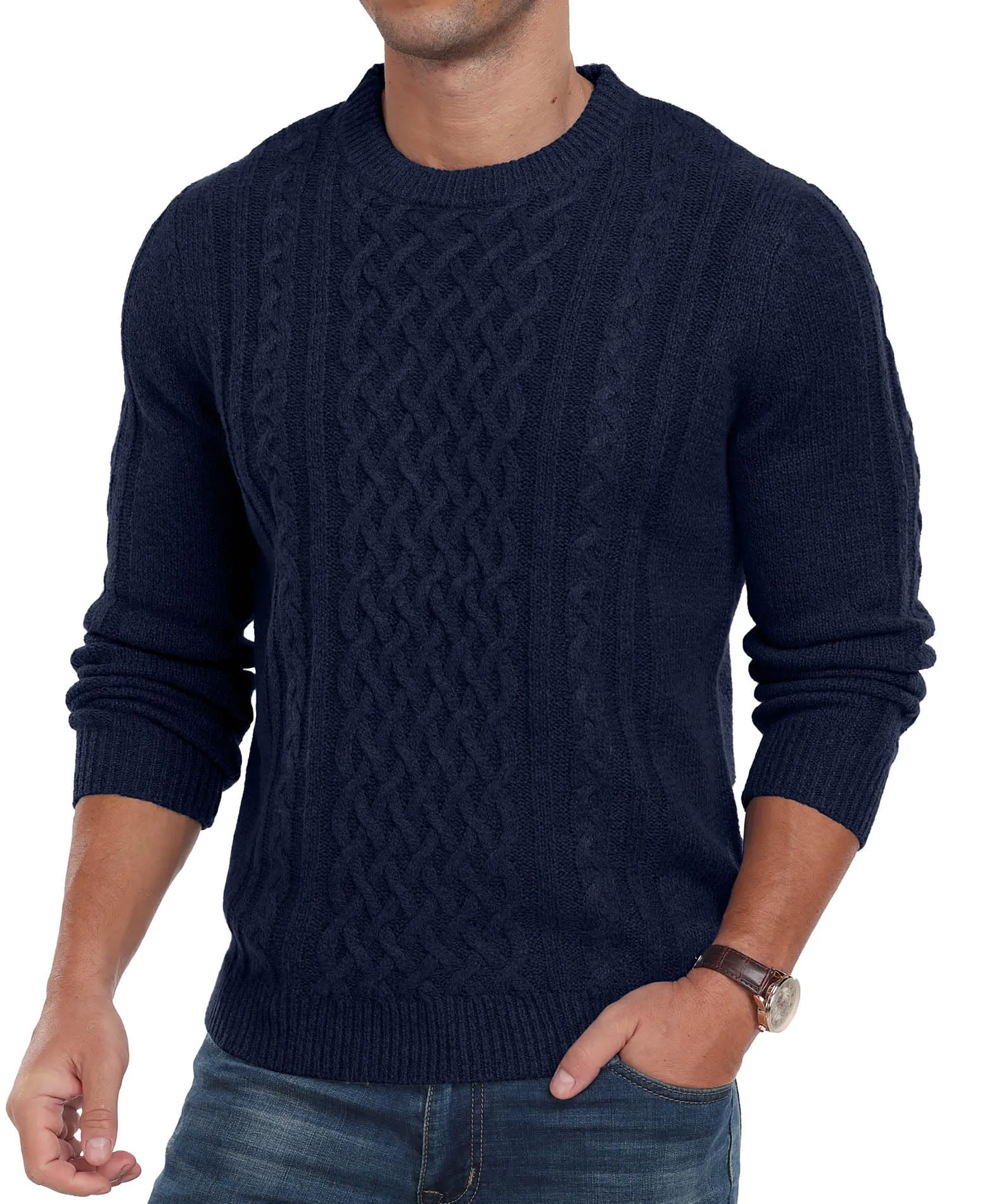 Askdeer Men's Fisherman Cable Crewneck Sweater Winter Casual Sweater for Men Knitted Pullover Sweaters with Ribbing Edge