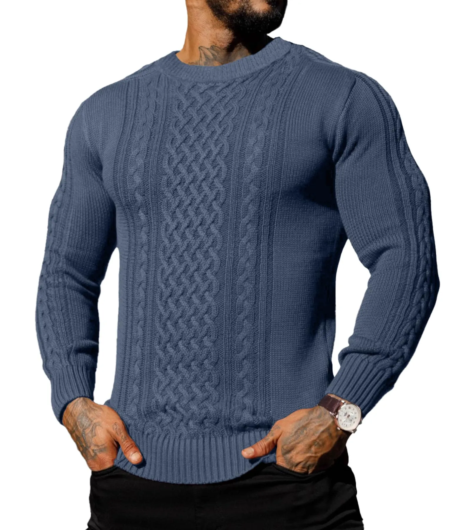 Askdeer Men's Fisherman Cable Crewneck Sweater Winter Casual Sweater for Men Knitted Pullover Sweaters with Ribbing Edge