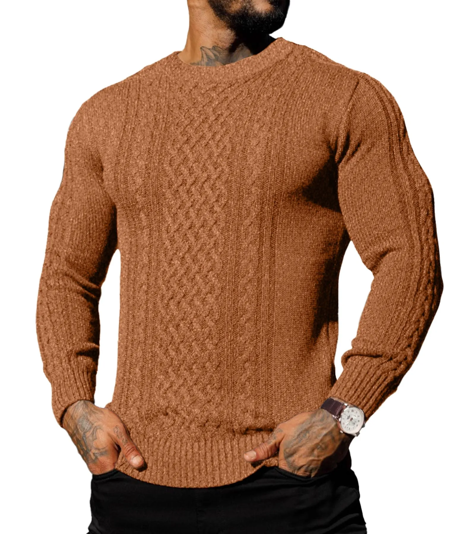 Askdeer Men's Fisherman Cable Crewneck Sweater Winter Casual Sweater for Men Knitted Pullover Sweaters with Ribbing Edge