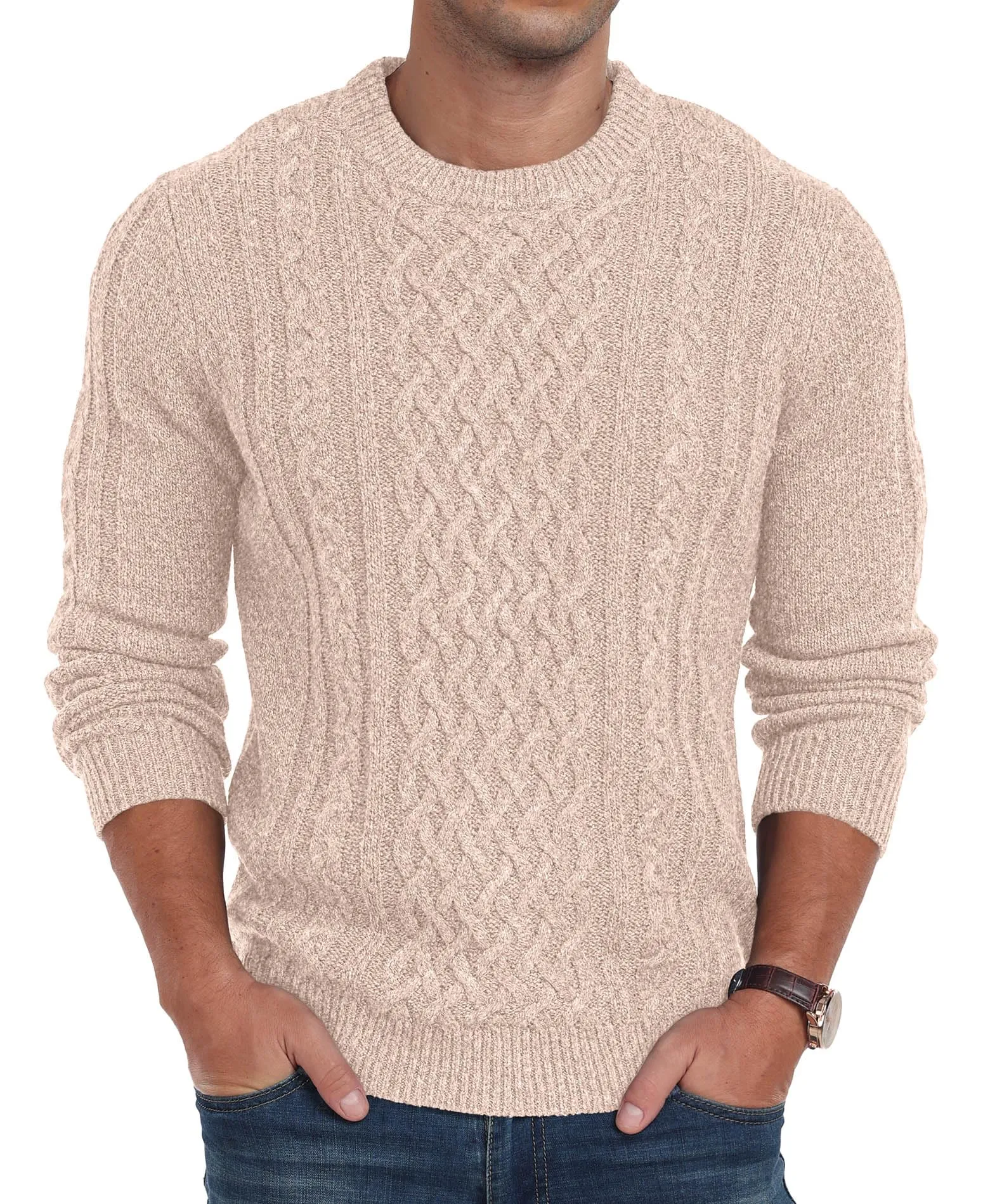 Askdeer Men's Fisherman Cable Crewneck Sweater Winter Casual Sweater for Men Knitted Pullover Sweaters with Ribbing Edge