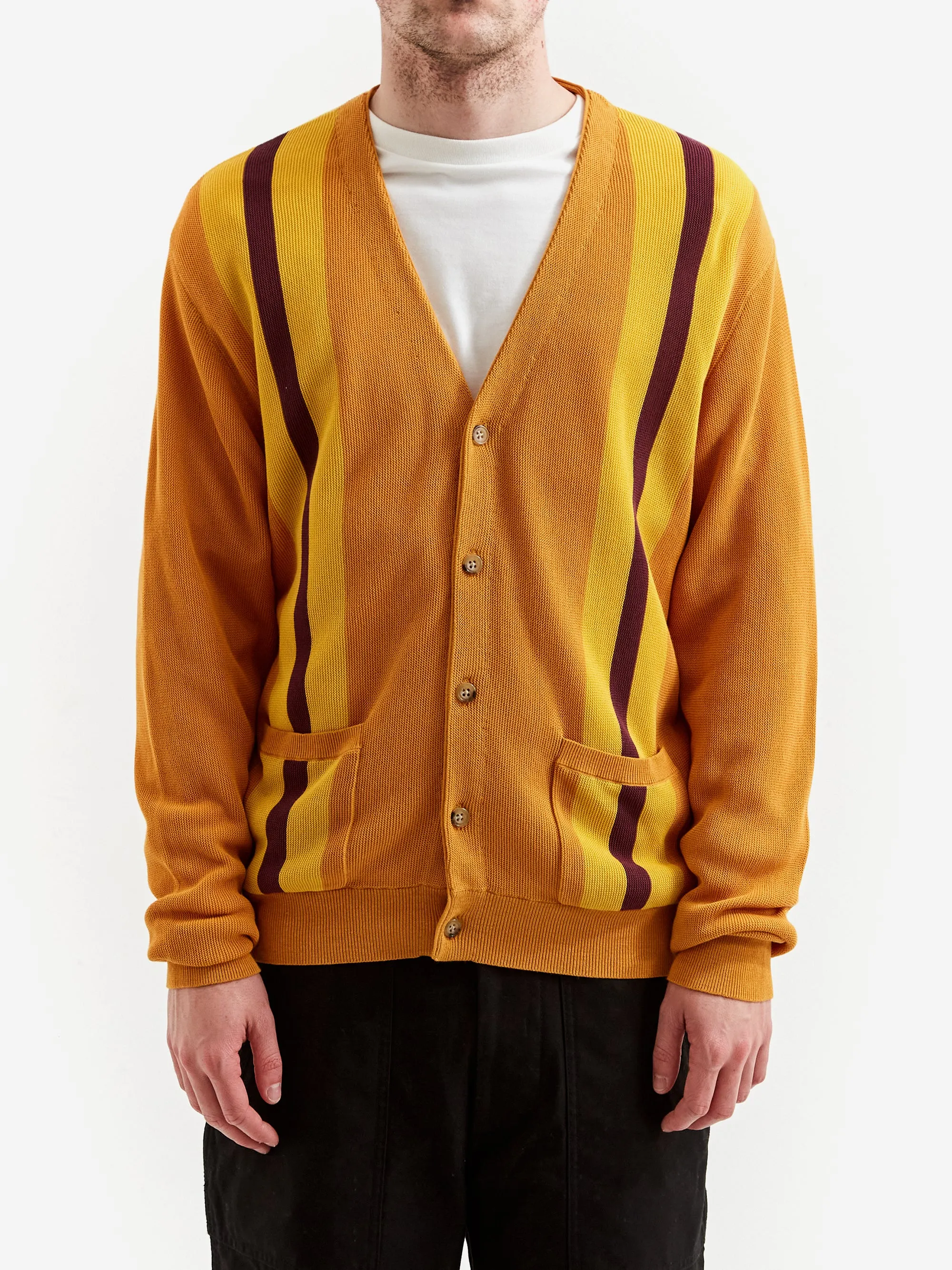 Beams Plus Stripe Jacquard Cardigan - Mustard