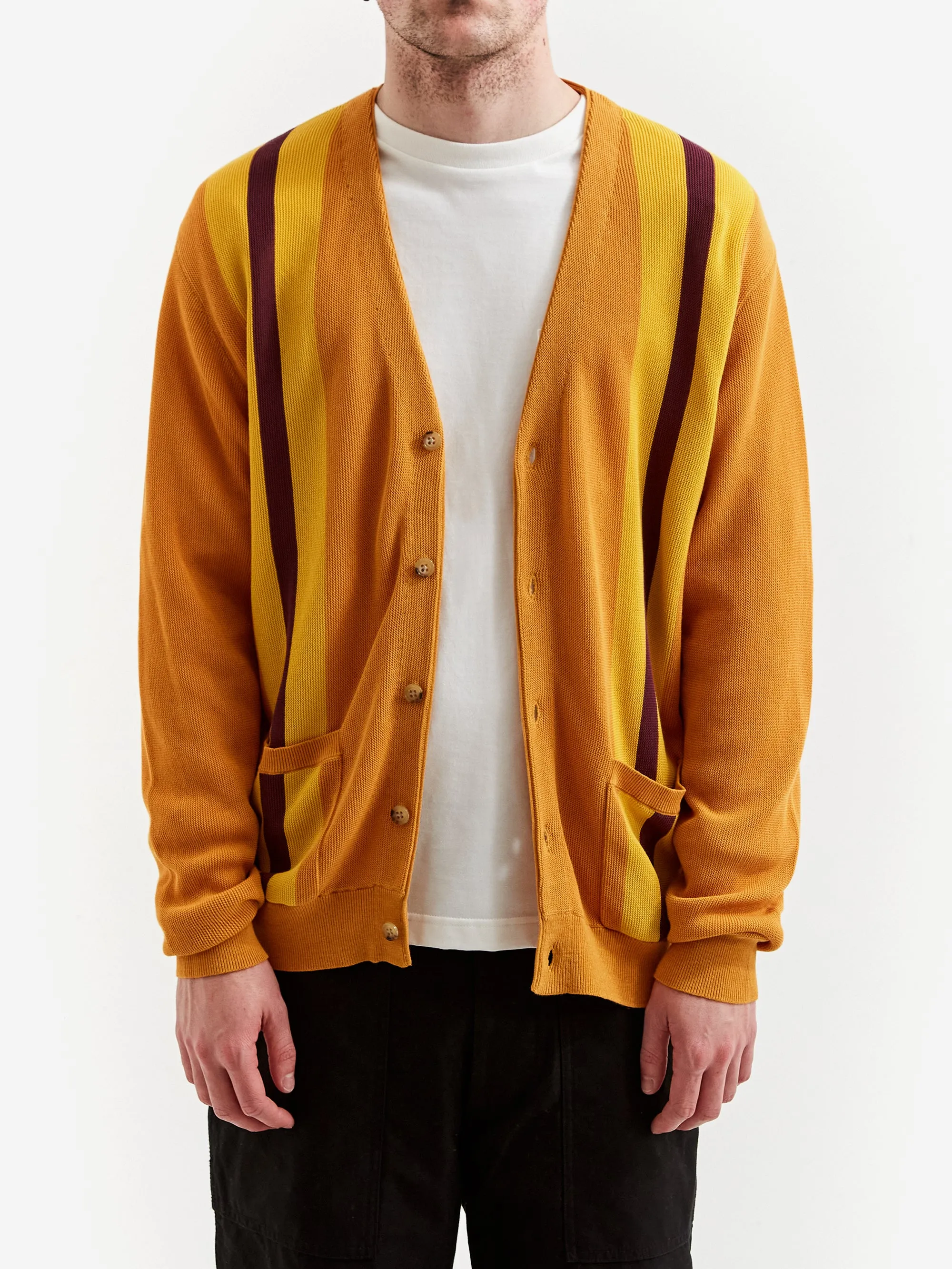 Beams Plus Stripe Jacquard Cardigan - Mustard