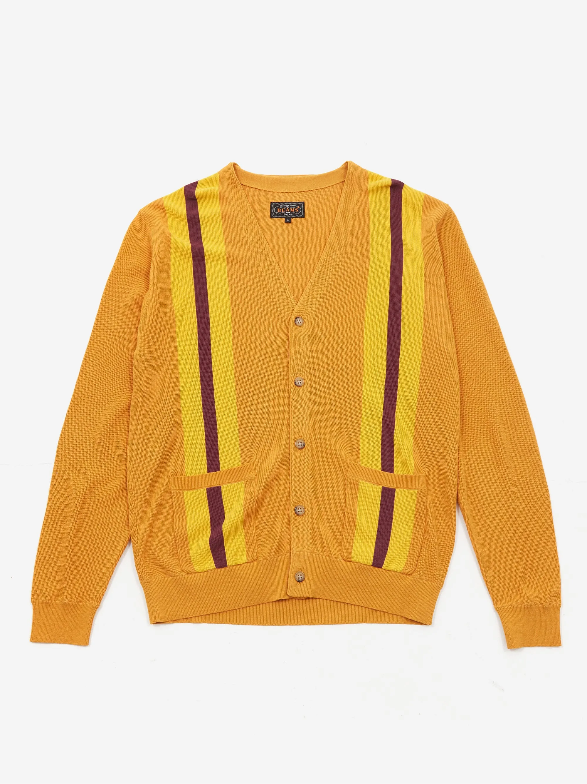 Beams Plus Stripe Jacquard Cardigan - Mustard