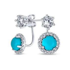 Blue Turquoise Halo CZ Prom Ear Jacket Earrings Silver Plated