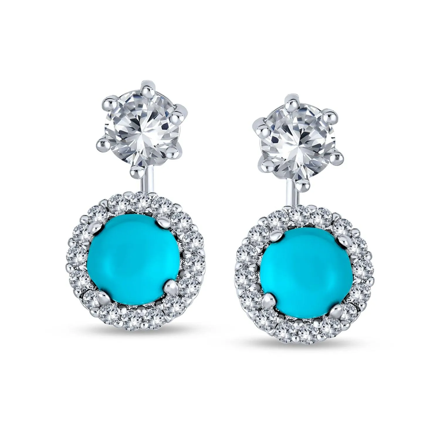 Blue Turquoise Halo CZ Prom Ear Jacket Earrings Silver Plated
