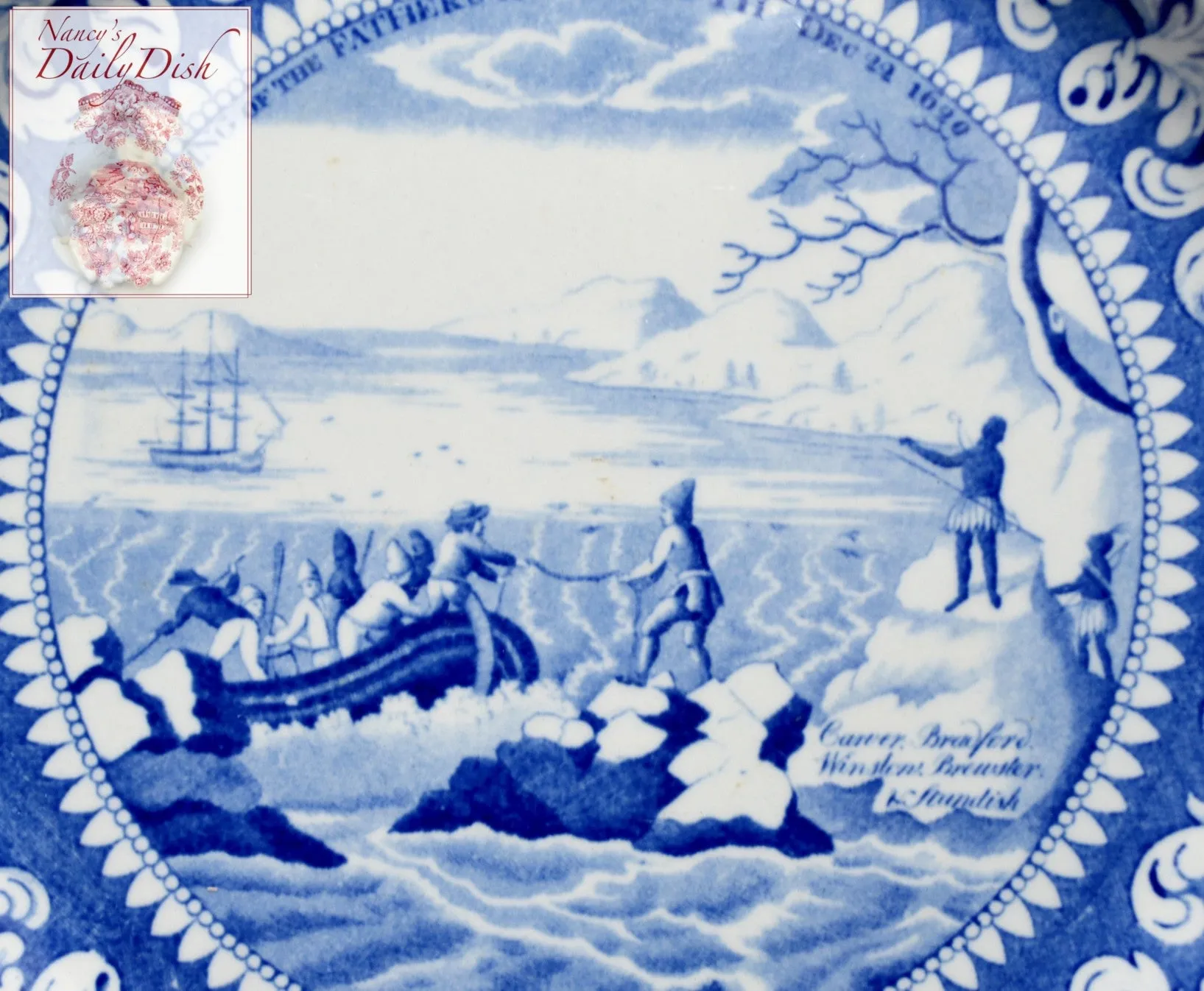 c1825 Historical Staffordshire Enoch Wood & Sons Blue Transferware Plate American Independence, Pilgrims, Washington, Boxer v Enterprise