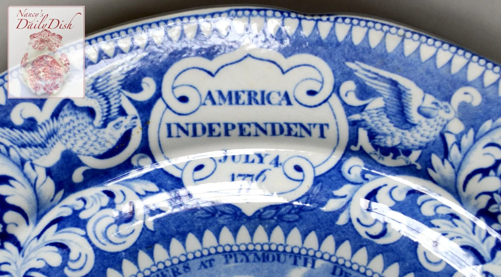 c1825 Historical Staffordshire Enoch Wood & Sons Blue Transferware Plate American Independence, Pilgrims, Washington, Boxer v Enterprise