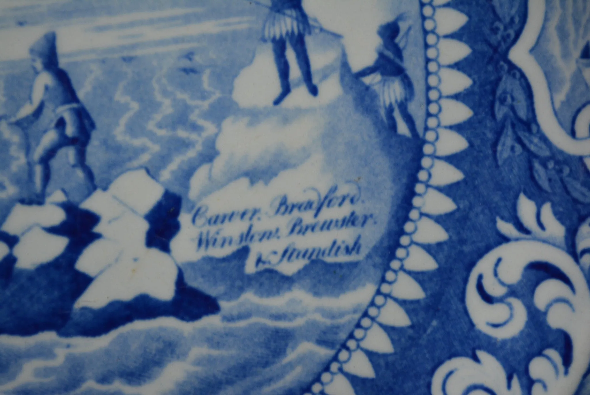 c1825 Historical Staffordshire Enoch Wood & Sons Blue Transferware Plate American Independence, Pilgrims, Washington, Boxer v Enterprise